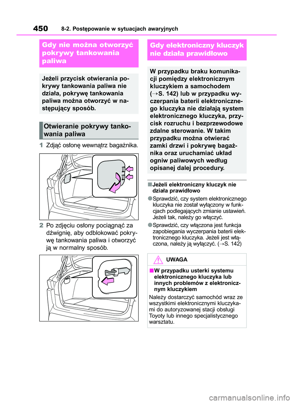 TOYOTA MIRAI 2021 Instrukcja obsługi (in Polish) 1Zdjàç os∏on´ wewnàtrz baga˝nika.
2Po zdj´ciu os∏ony pociàgnàç za
dêwigni´, aby odblokowaç pokry-
w´ tankowania paliwa i otworzyç
jà w normalny sposób.
Je˝eli elektroniczny kluczy TOYOTA MIRAI 2021 Instrukcja obsługi (in Polish) 1Zdjàç os∏on´ wewnàtrz baga˝nika.
2Po zdj´ciu os∏ony pociàgnàç za
dêwigni´, aby odblokowaç pokry-
w´ tankowania paliwa i otworzyç
jà w normalny sposób.
Je˝eli elektroniczny kluczy
