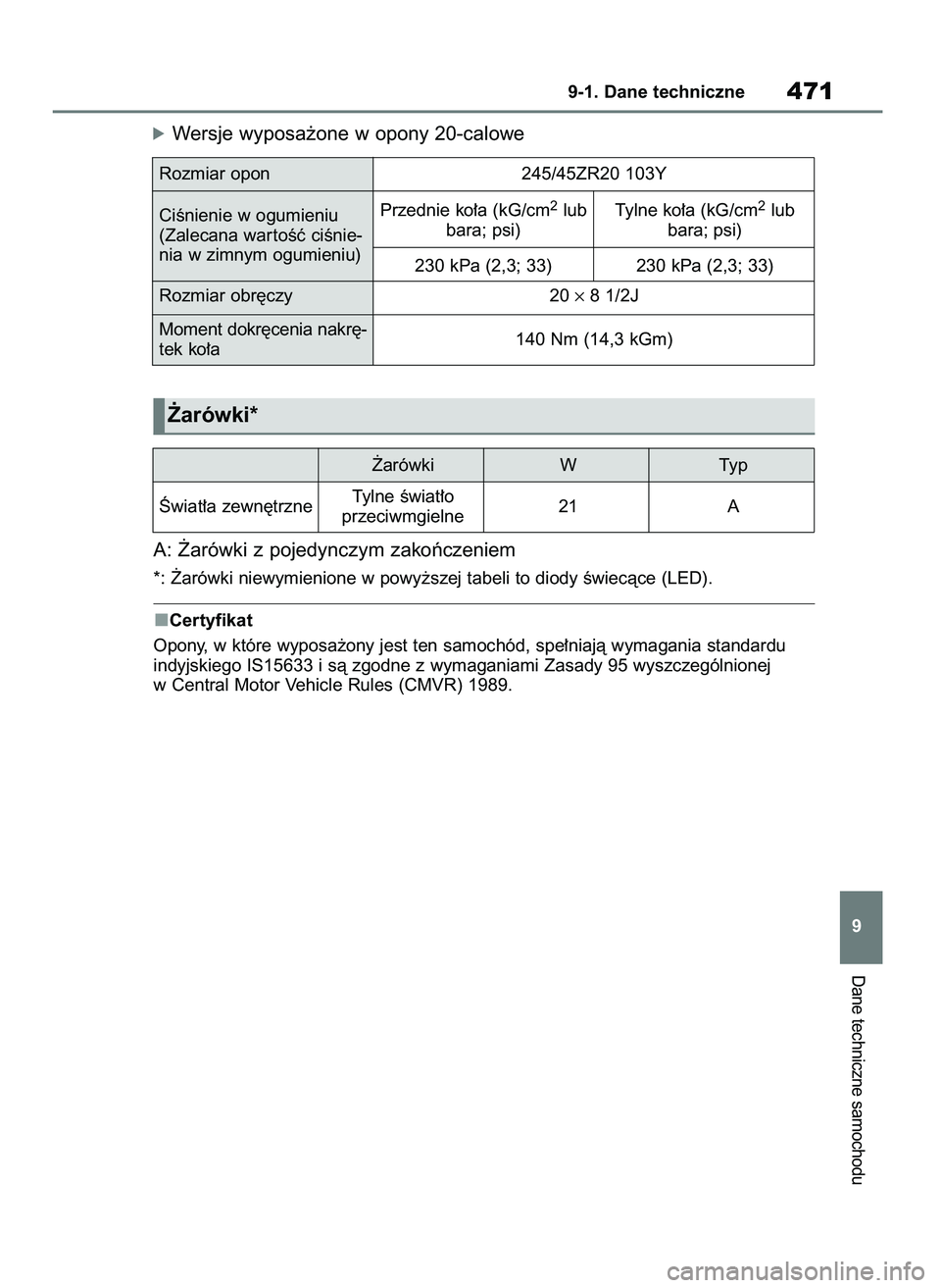 TOYOTA MIRAI 2021  Instrukcja obsługi (in Polish) óWersje wyposa˝one w opony 20-calowe
A: ˚arówki z pojedynczym zakoƒczeniem
*: ˚arówki niewymienione w powy˝szej tabeli to diody Êwiecàce (LED).
Certyfikat
Opony, w które wyposa˝ony jest te