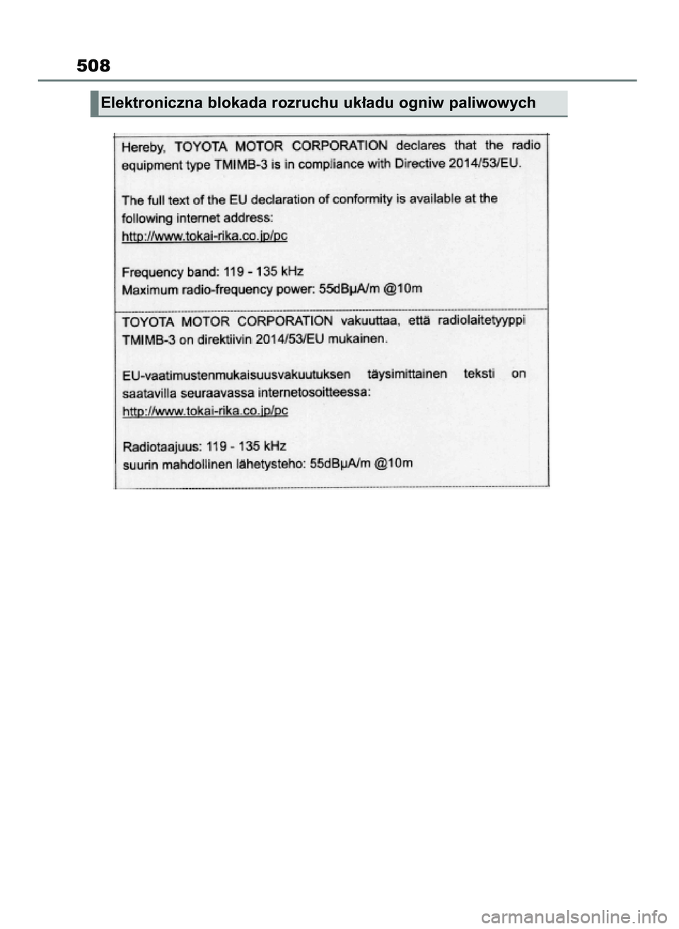 TOYOTA MIRAI 2021  Instrukcja obsługi (in Polish) 508
Elektroniczna blokada rozruchu uk∏adu ogniw paliwowych
27 Mirai OM62097E  3/7/21  12:57  Page 508 