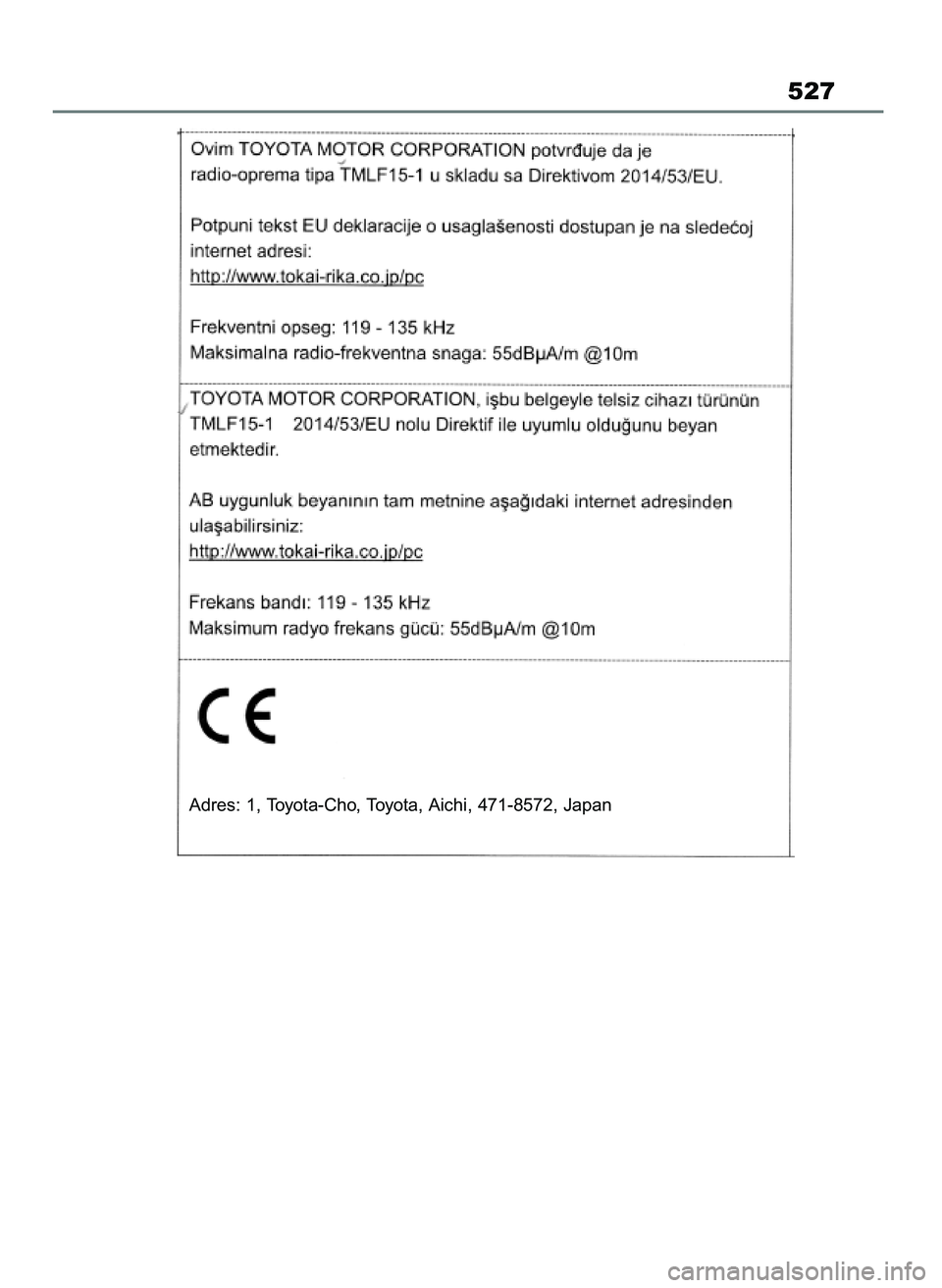 TOYOTA MIRAI 2021  Instrukcja obsługi (in Polish) 527
Adres: 1, Toyota-Cho, Toyota, Aichi, 471-8572, Japan
27 Mirai OM62097E  3/7/21  12:57  Page 527 