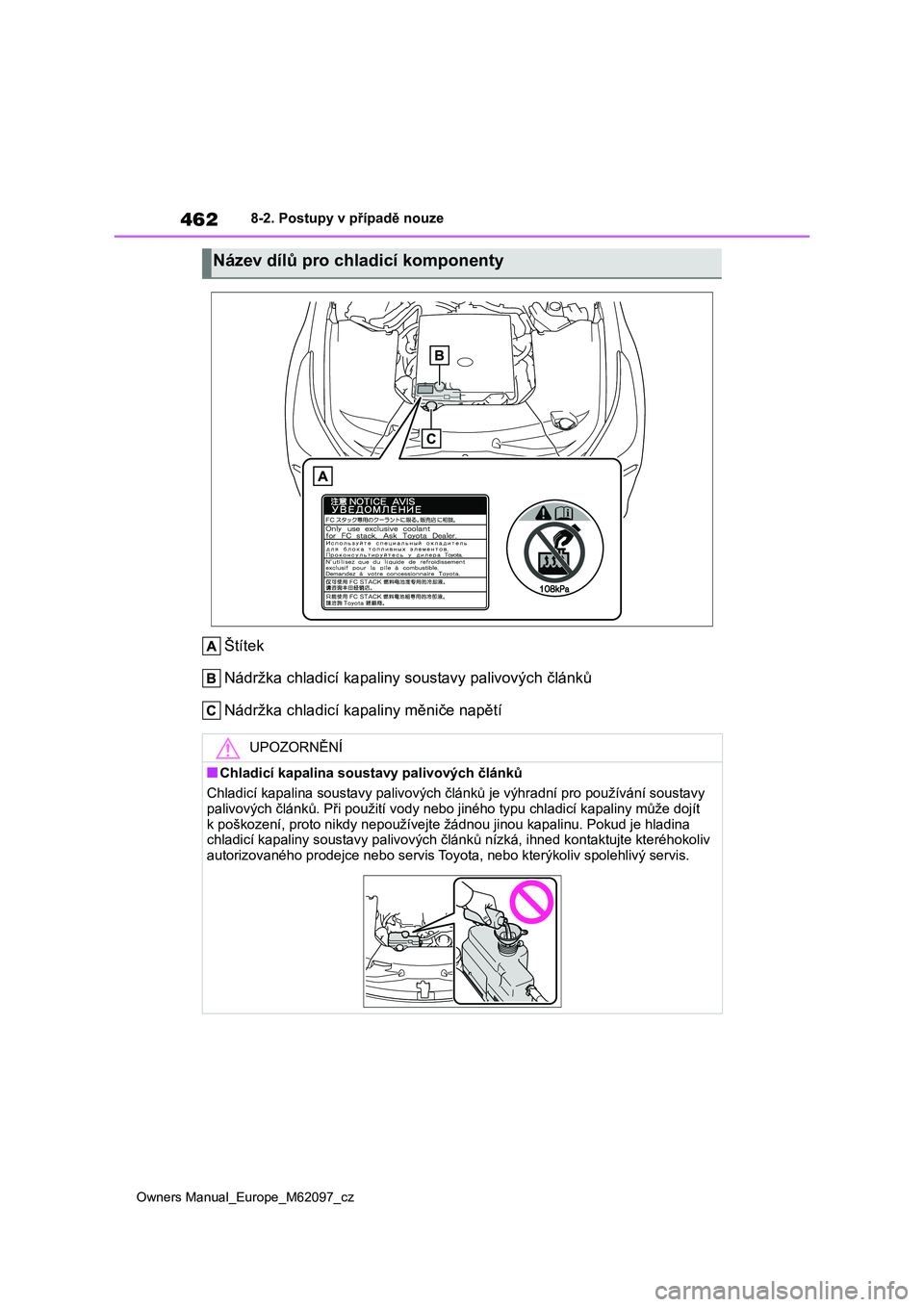 TOYOTA MIRAI 2021  Návod na použití (in Czech) 462
Owners Manual_Europe_M62097_cz
8-2. Postupy v případě nouze
Štítek 
Nádržka chladicí kapaliny so ustavy palivových článků 
Nádržka chladicí kapaliny měniče napětí
Název dílů 