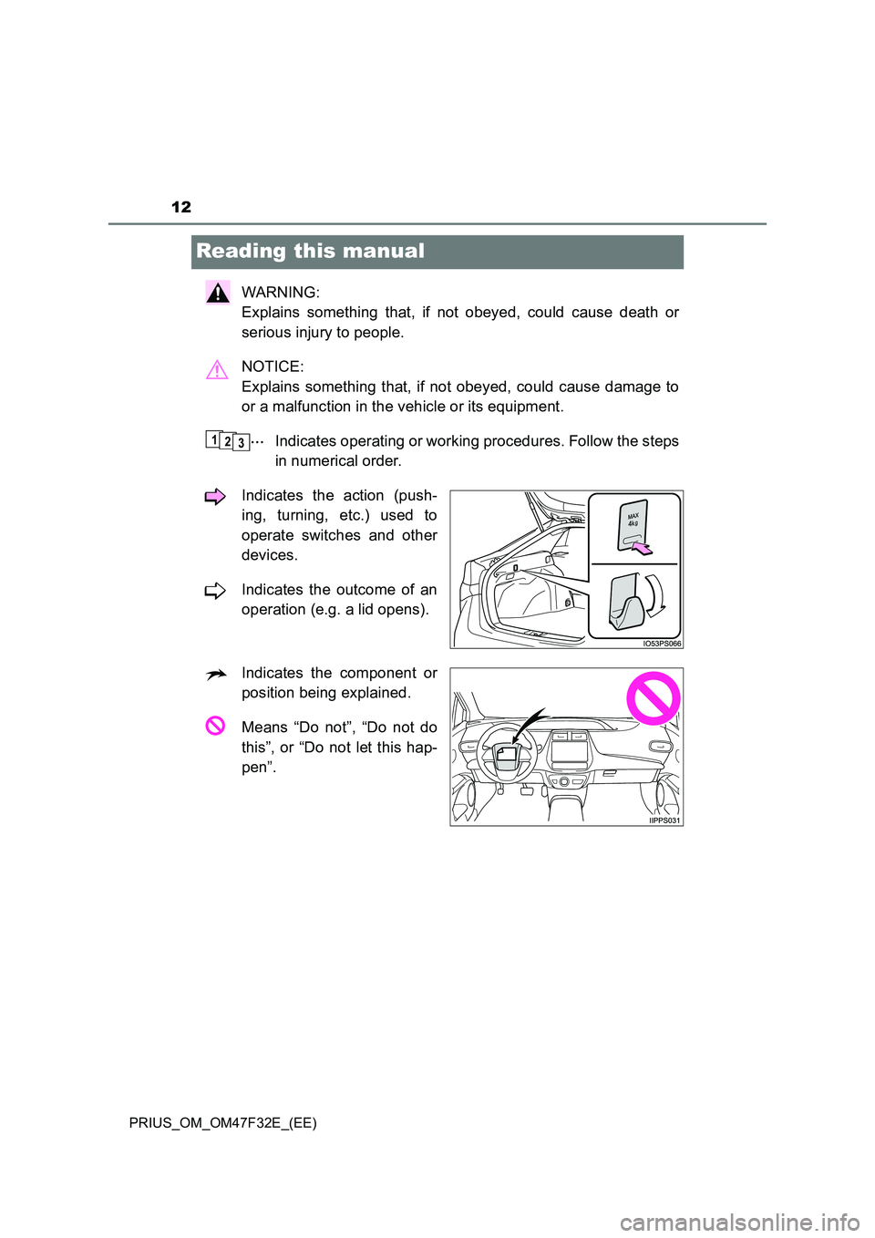 TOYOTA PRIUS 2023  Owners Manual 12
PRIUS_OM_OM47F32E_(EE)
Reading this manual
WARNING: 
Explains something that, if not obeyed, could cause death or
serious injury to people.
NOTICE: 
Explains something that, if not obeyed, could ca