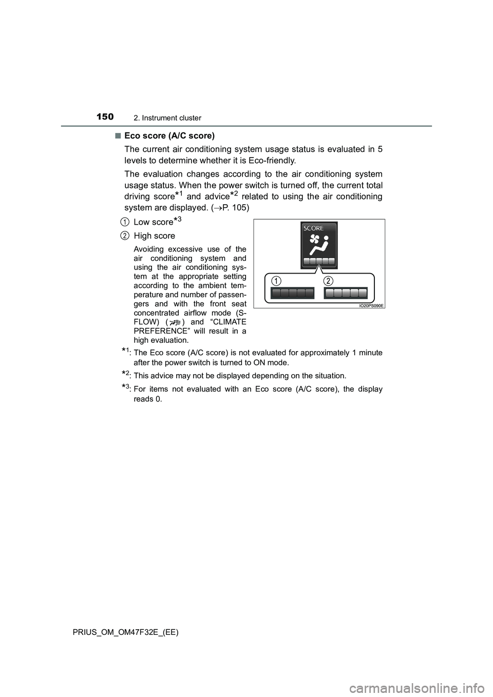 TOYOTA PRIUS 2023 Owners Manual 1502. Instrument cluster
PRIUS_OM_OM47F32E_(EE)■
Eco score (A/C score)
The current air conditioning system usage status is evaluated in 5
levels to determine whether it is Eco-friendly.
The evaluati TOYOTA PRIUS 2023 Owners Manual 1502. Instrument cluster
PRIUS_OM_OM47F32E_(EE)■
Eco score (A/C score)
The current air conditioning system usage status is evaluated in 5
levels to determine whether it is Eco-friendly.
The evaluati