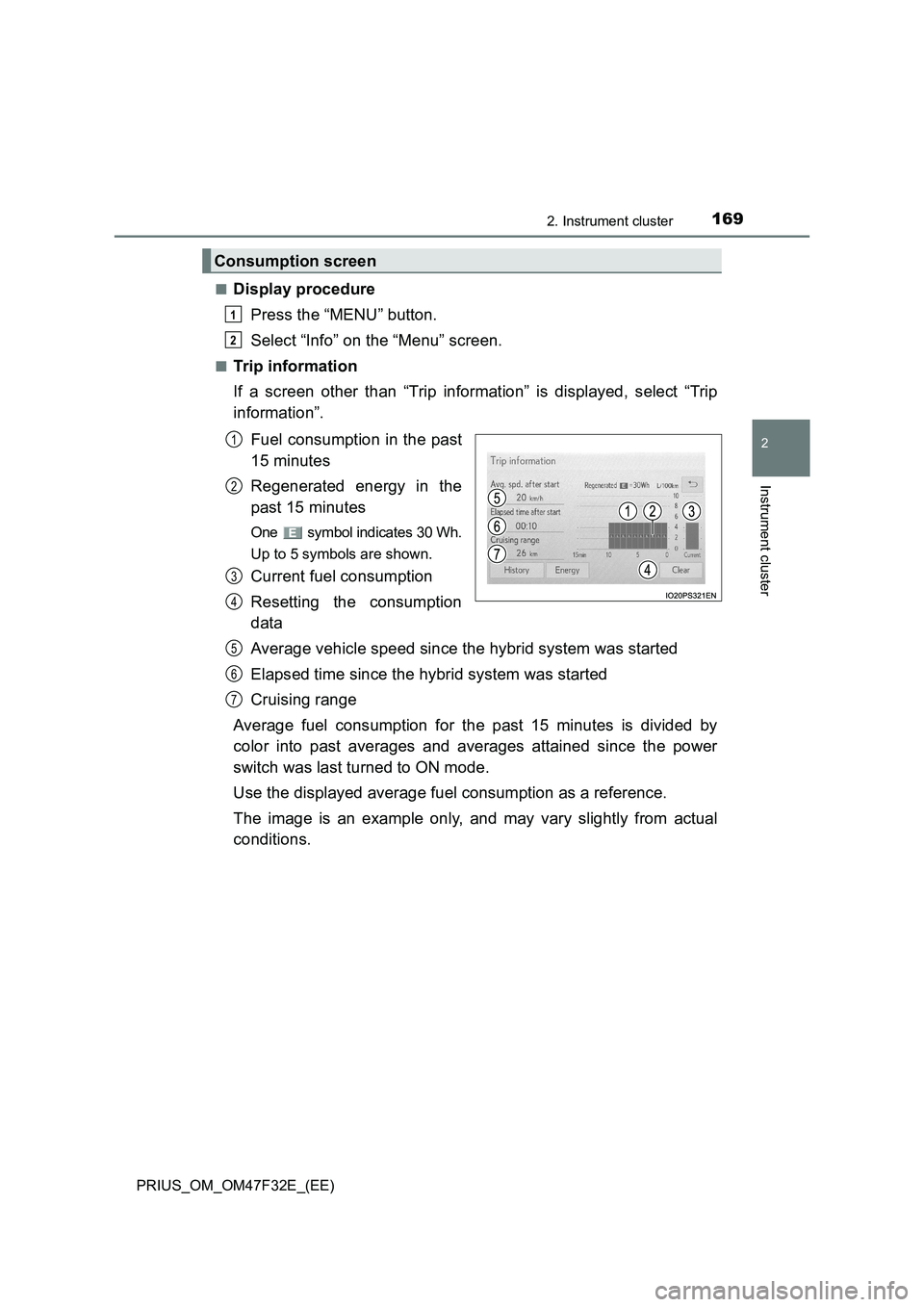 TOYOTA PRIUS 2023  Owners Manual 1692. Instrument cluster
2
Instrument cluster
PRIUS_OM_OM47F32E_(EE)■
Display procedure
Press the “MENU” button.
Select “Info” on the “Menu” screen.
■Trip information
If a screen other