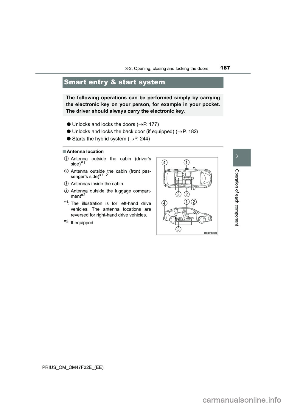 TOYOTA PRIUS 2023  Owners Manual 187
3
3-2. Opening, closing and locking the doors
Operation of each component
PRIUS_OM_OM47F32E_(EE)
Smar t entr y & start system
●Unlocks and locks the doors (P. 177) 
● Unlocks and locks the 