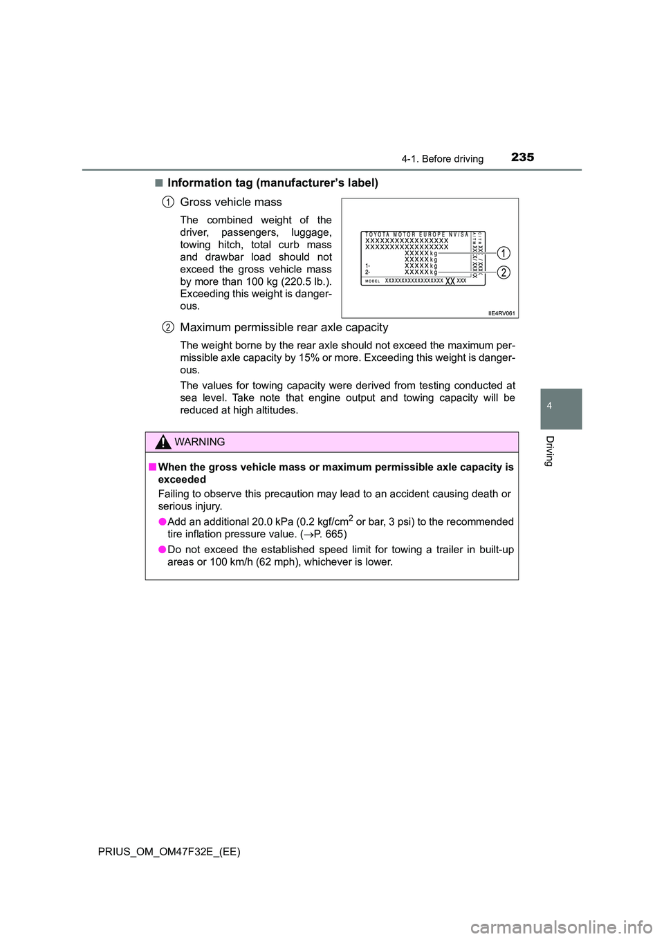 TOYOTA PRIUS 2023 Owners Manual 2354-1. Before driving
4
Driving
PRIUS_OM_OM47F32E_(EE)
■Information tag (manufacturer’s label)
Gross vehicle mass
The combined weight of the
driver, passengers, luggage,
towing hitch, total cu TOYOTA PRIUS 2023 Owners Manual 2354-1. Before driving
4
Driving
PRIUS_OM_OM47F32E_(EE)
■Information tag (manufacturer’s label)
Gross vehicle mass
The combined weight of the
driver, passengers, luggage,
towing hitch, total cu