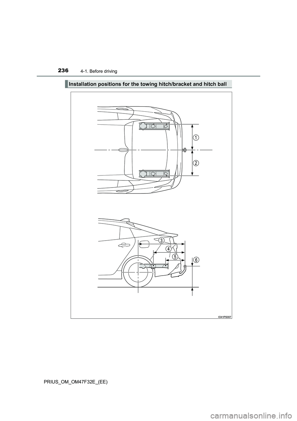 TOYOTA PRIUS 2023  Owners Manual 2364-1. Before driving
PRIUS_OM_OM47F32E_(EE)
Installation positions for the towing hitch/bracket and hitch ball 