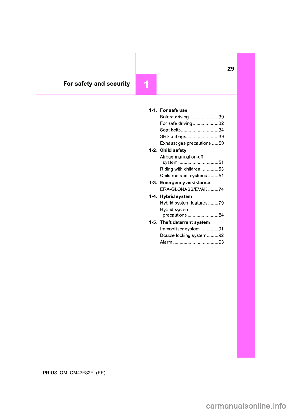 TOYOTA PRIUS 2023  Owners Manual 29
1For safety and security
PRIUS_OM_OM47F32E_(EE) 
1-1. For safe use 
Before driving....................... 30 
For safe driving .................... 32 
Seat belts ............................. 34 
