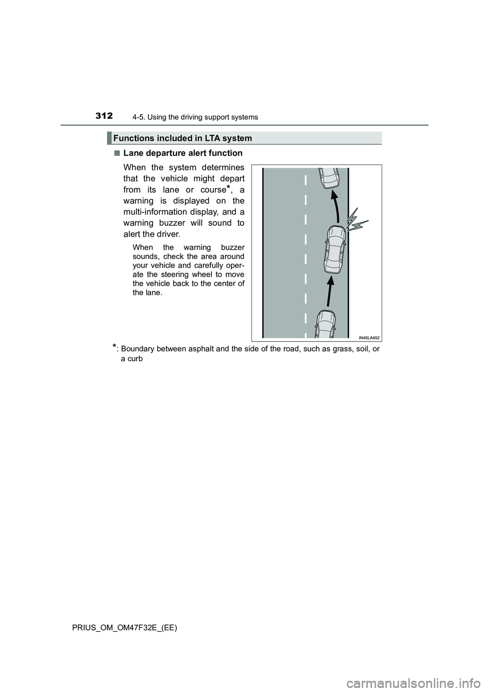 TOYOTA PRIUS 2023  Owners Manual 3124-5. Using the driving support systems
PRIUS_OM_OM47F32E_(EE)■
Lane departure alert function
When the system determines
that the vehicle might depart
from its lane or course
*, a
warning is displ