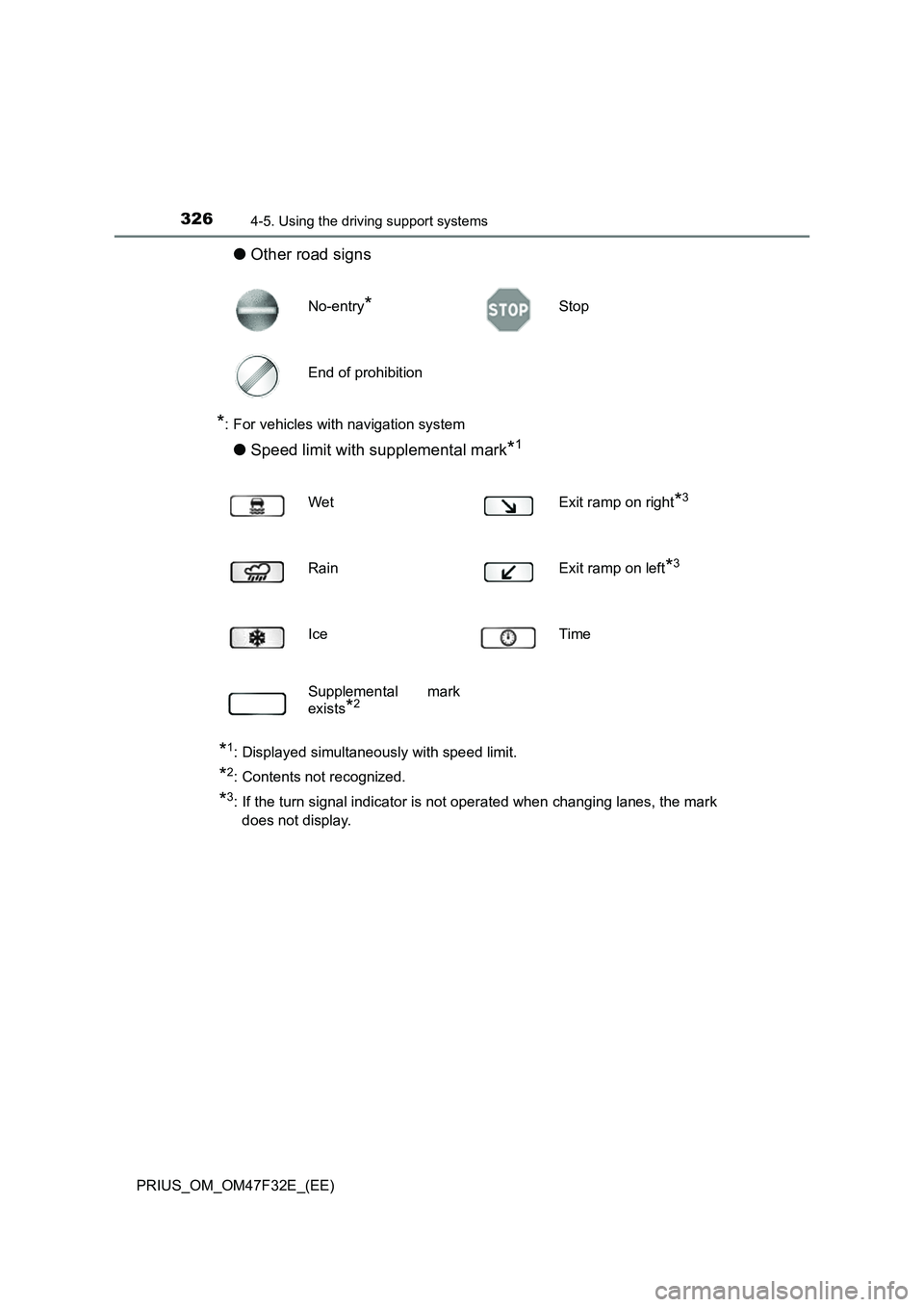 TOYOTA PRIUS 2023  Owners Manual 3264-5. Using the driving support systems
PRIUS_OM_OM47F32E_(EE)
●Other road signs
*: For vehicles with navigation system
●Speed limit with supplemental mark*1
*1: Displayed simultaneously with sp