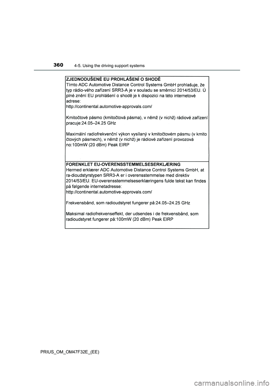TOYOTA PRIUS 2023  Owners Manual 3604-5. Using the driving support systems
PRIUS_OM_OM47F32E_(EE) 
