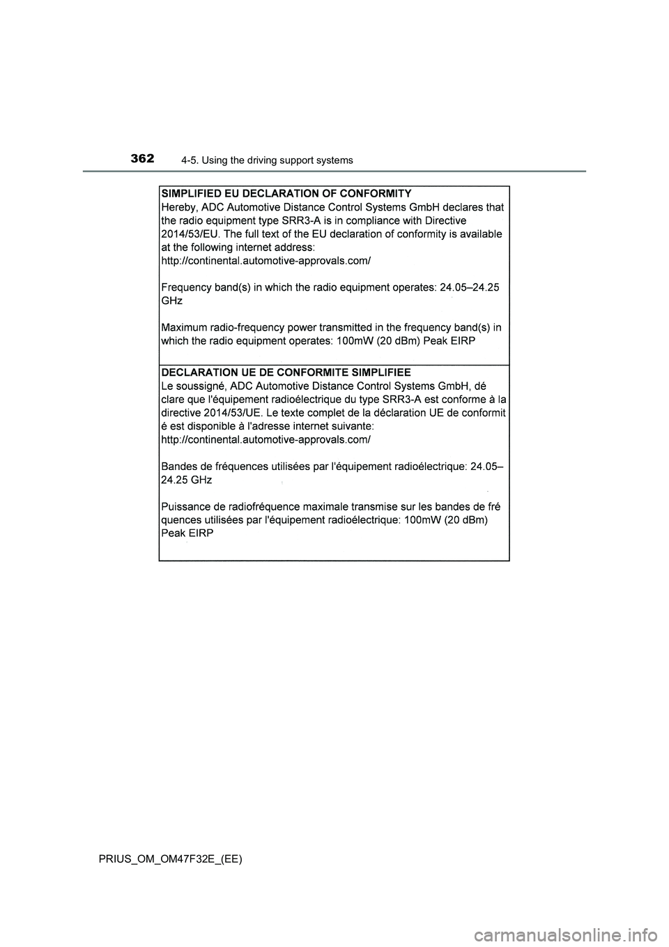 TOYOTA PRIUS 2023  Owners Manual 3624-5. Using the driving support systems
PRIUS_OM_OM47F32E_(EE) 