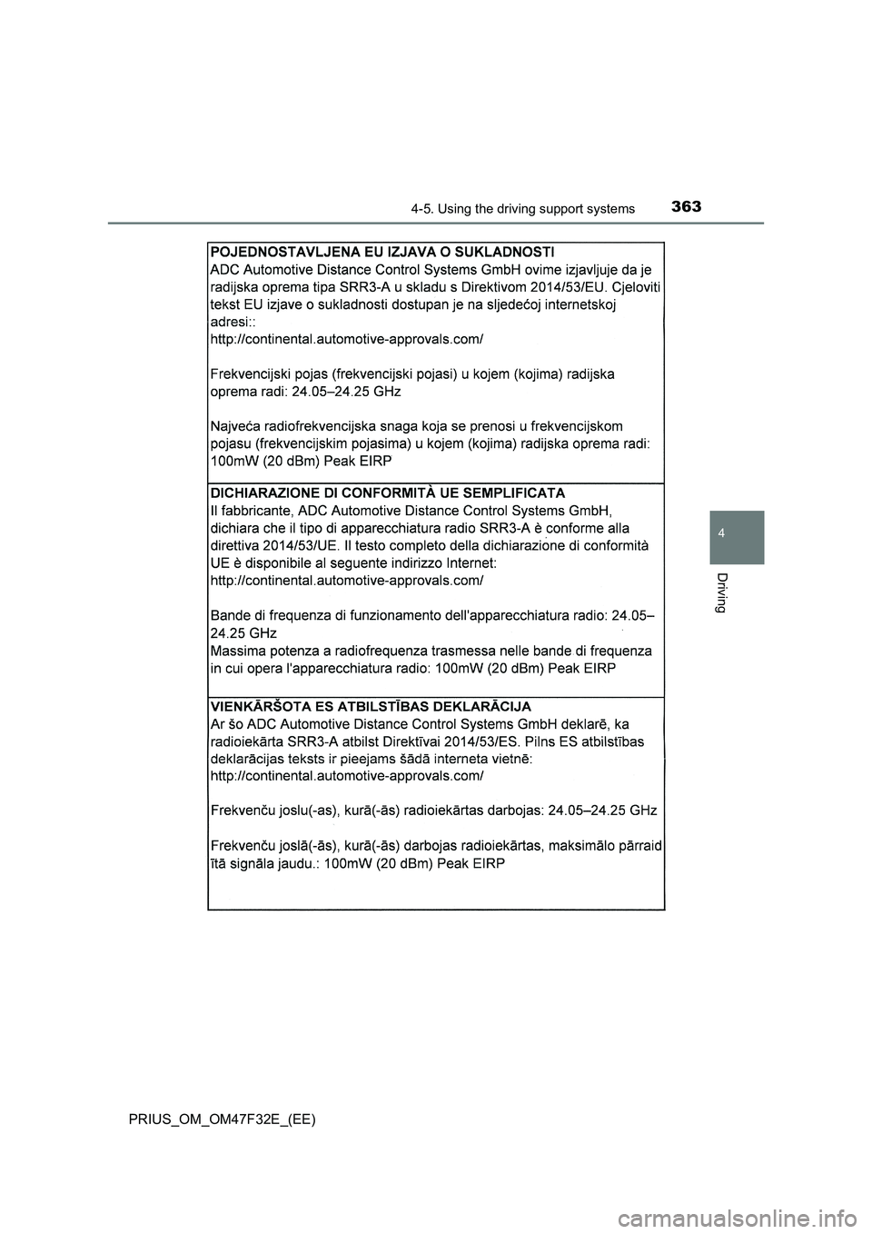 TOYOTA PRIUS 2023  Owners Manual 3634-5. Using the driving support systems
4
Driving
PRIUS_OM_OM47F32E_(EE) 