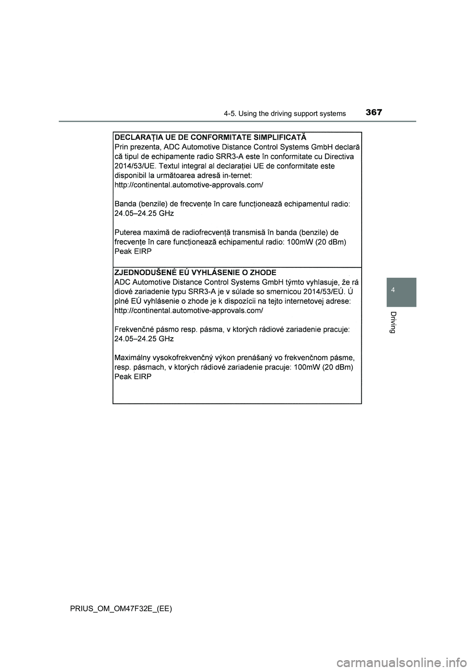 TOYOTA PRIUS 2023  Owners Manual 3674-5. Using the driving support systems
4
Driving
PRIUS_OM_OM47F32E_(EE) 