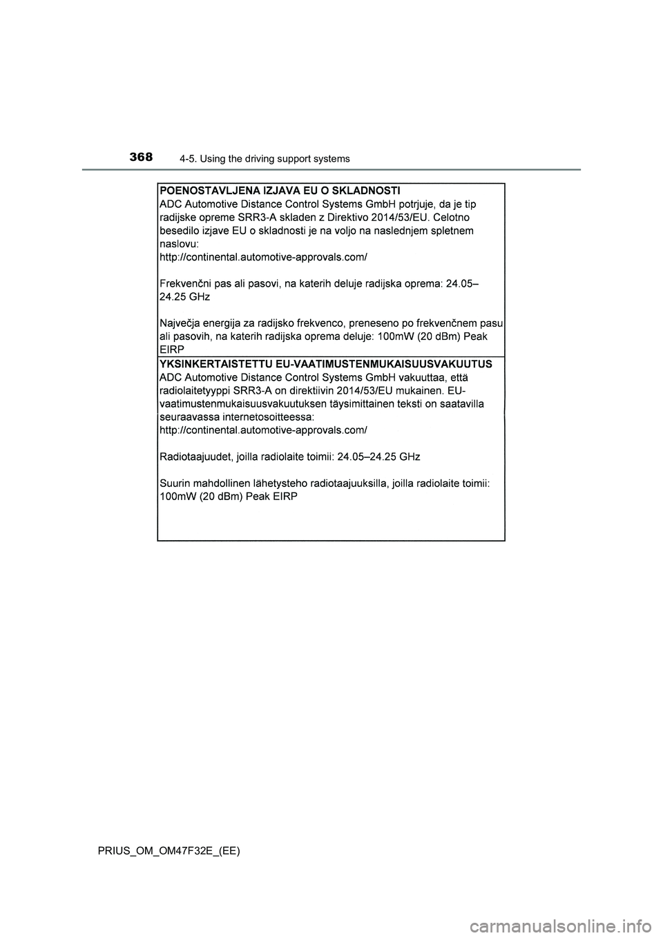 TOYOTA PRIUS 2023  Owners Manual 3684-5. Using the driving support systems
PRIUS_OM_OM47F32E_(EE) 