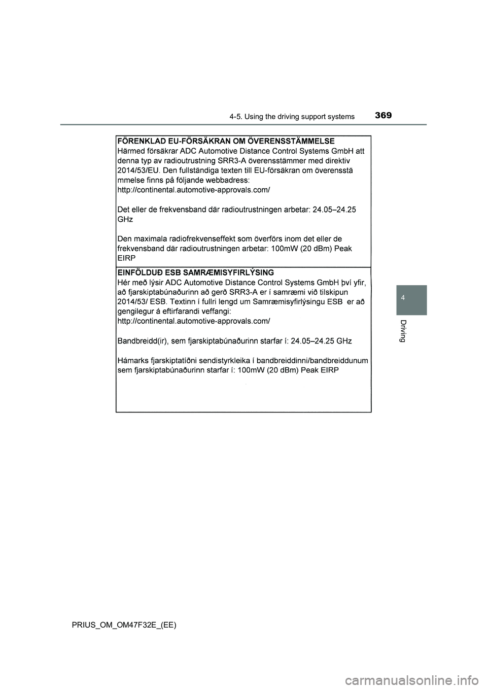 TOYOTA PRIUS 2023  Owners Manual 3694-5. Using the driving support systems
4
Driving
PRIUS_OM_OM47F32E_(EE) 