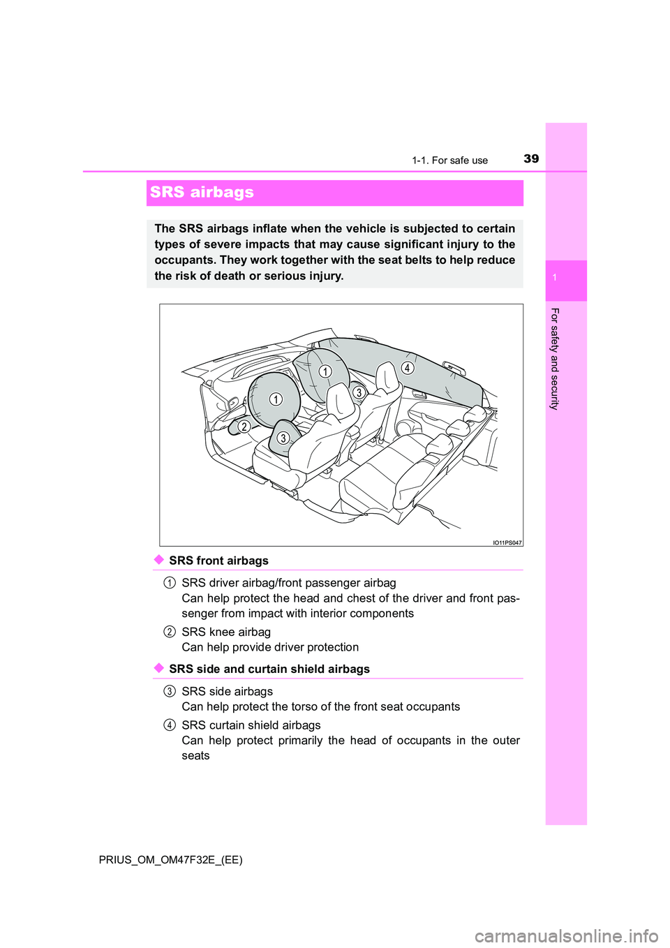TOYOTA PRIUS 2023  Owners Manual 391-1. For safe use
1
For safety and security
PRIUS_OM_OM47F32E_(EE)
SRS airbags
◆SRS front airbags 
SRS driver airbag/front passenger airbag 
Can help protect the head and chest of the driver and f