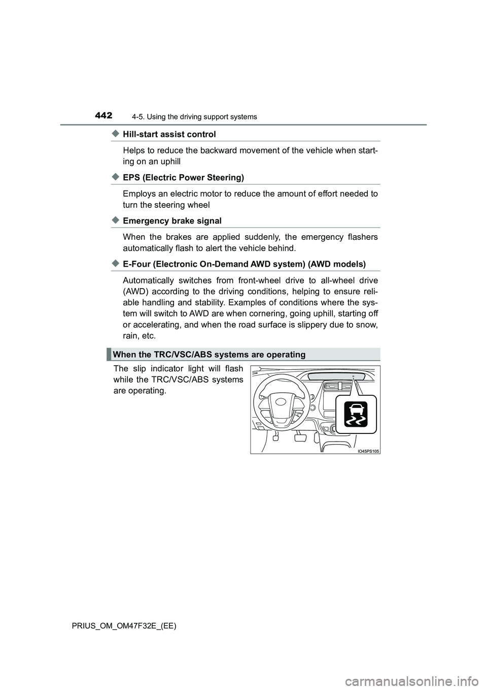 TOYOTA PRIUS 2023  Owners Manual 4424-5. Using the driving support systems
PRIUS_OM_OM47F32E_(EE)
◆Hill-start assist control
Helps to reduce the backward movement of the vehicle when start-
ing on an uphill
◆EPS (Electric Power S
