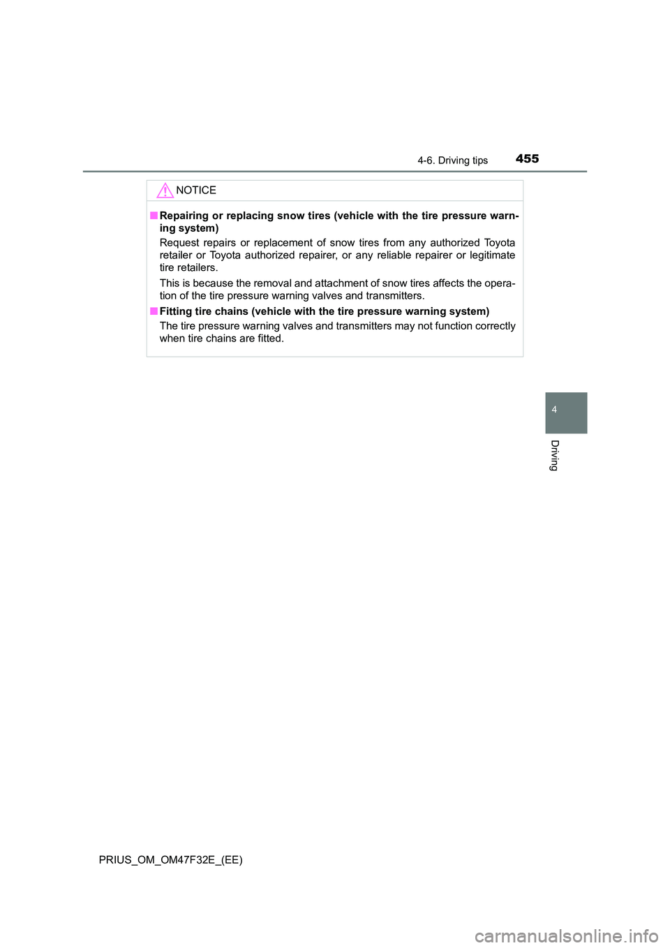 TOYOTA PRIUS 2023  Owners Manual 4554-6. Driving tips
4
Driving
PRIUS_OM_OM47F32E_(EE)
NOTICE
■Repairing or replacing snow tires (vehicle with the tire pressure warn- 
ing system) 
Request repairs or replacement of snow tires from 