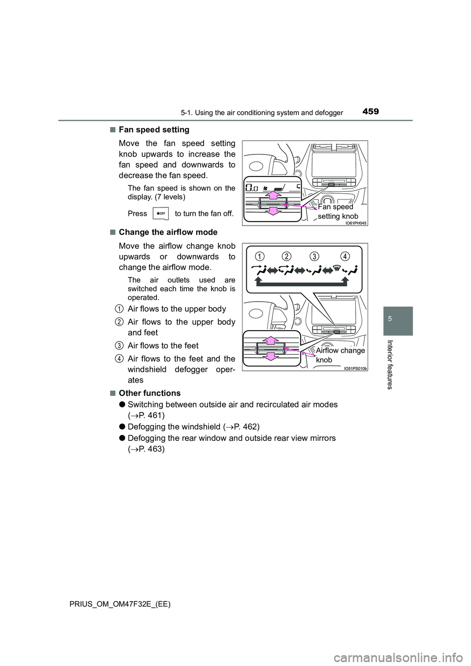 TOYOTA PRIUS 2023  Owners Manual 4595-1. Using the air conditioning system and defogger
PRIUS_OM_OM47F32E_(EE)
5
Interior features
■Fan speed setting 
Move the fan speed setting 
knob upwards to increase the 
fan speed and downward