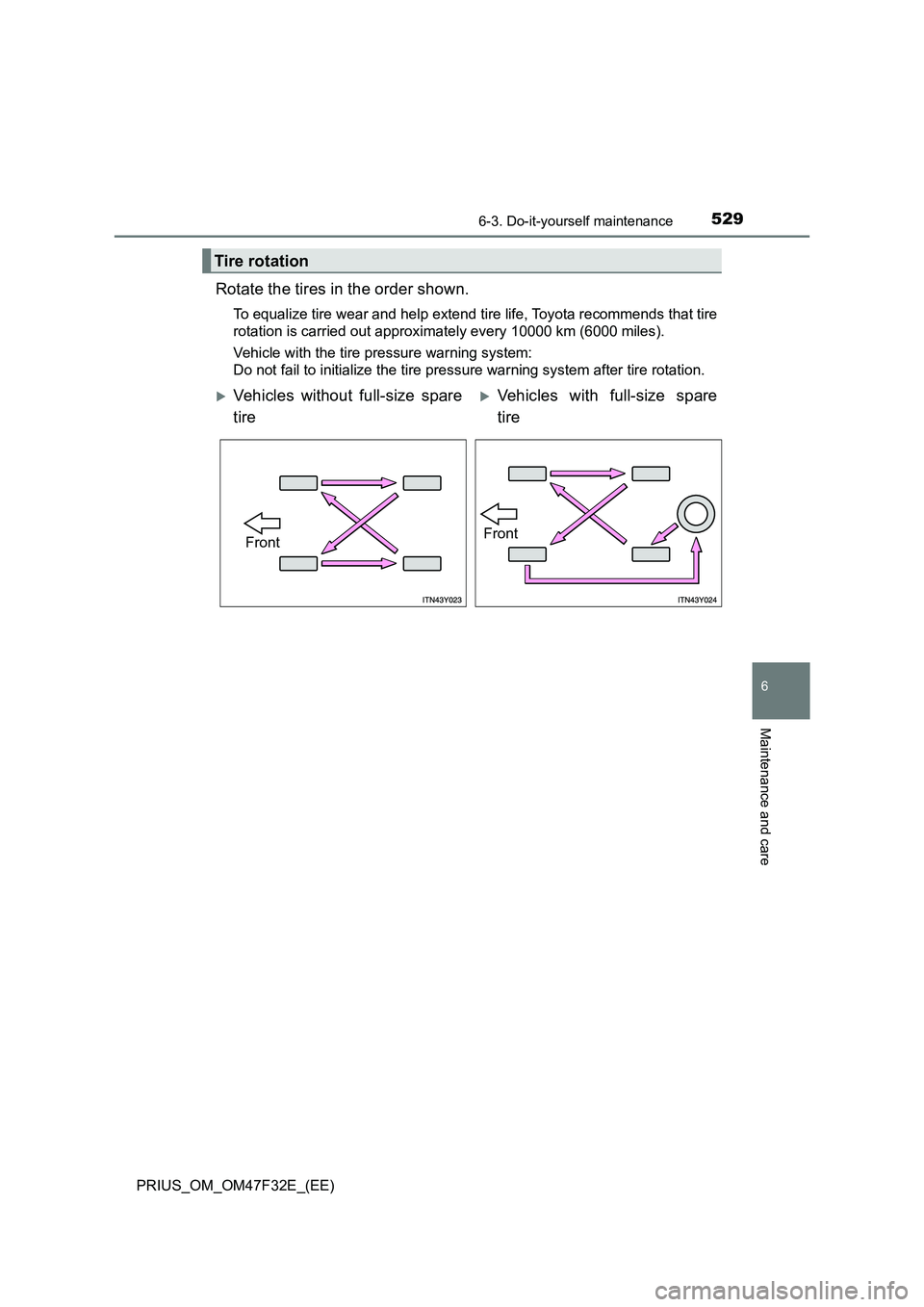 TOYOTA PRIUS 2023  Owners Manual 5296-3. Do-it-yourself maintenance
PRIUS_OM_OM47F32E_(EE)
6
Maintenance and care
Rotate the tires in the order shown.
To equalize tire wear and help extend tire life, Toyota recommends that tire
rotat