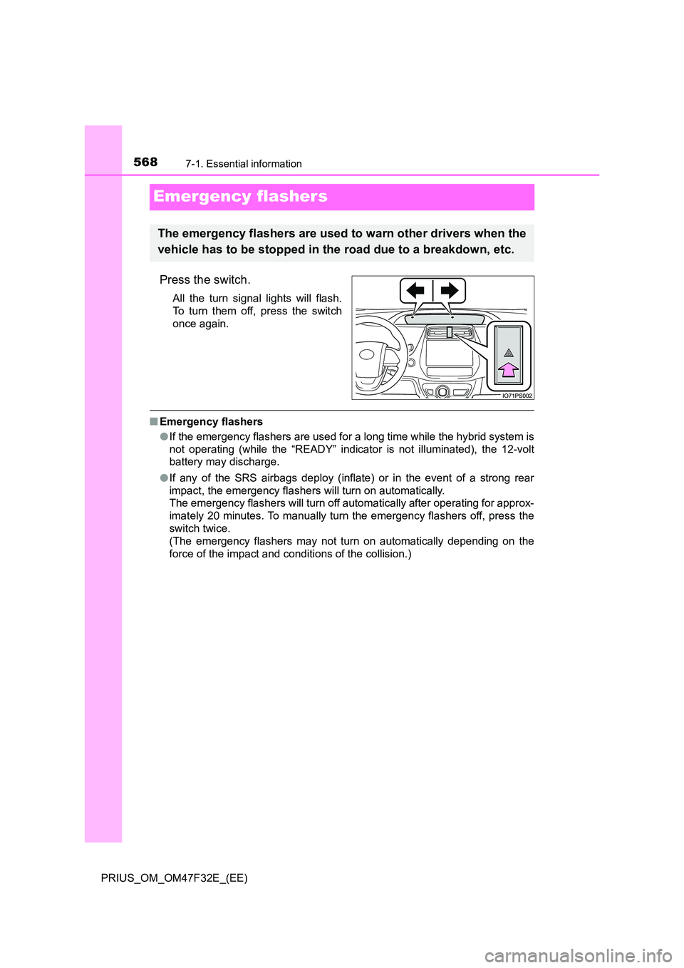 TOYOTA PRIUS 2023  Owners Manual 5687-1. Essential information
PRIUS_OM_OM47F32E_(EE)
Emergency flashers
Press the switch.
All the turn signal lights will flash. 
To turn them off, press the switch
once again.
■ Emergency flashers 