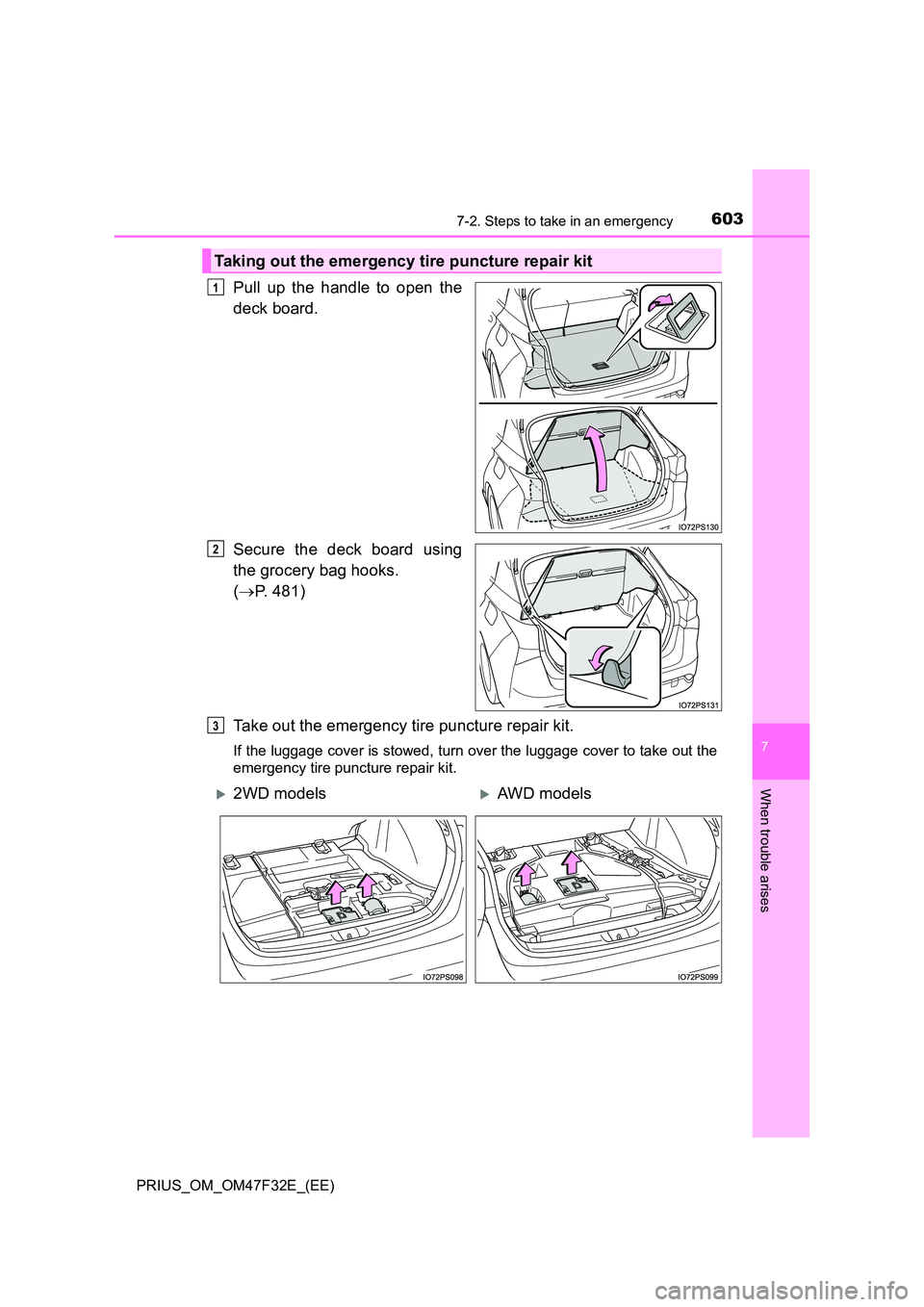 TOYOTA PRIUS 2023  Owners Manual 6037-2. Steps to take in an emergency
PRIUS_OM_OM47F32E_(EE)
7
When trouble arises
Pull up the handle to open the 
deck board. 
Secure the deck board using 
the grocery bag hooks.  
( P. 481) 
Take