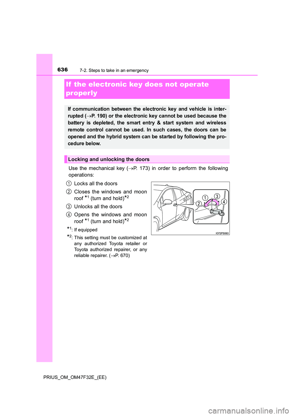 TOYOTA PRIUS 2023  Owners Manual 6367-2. Steps to take in an emergency
PRIUS_OM_OM47F32E_(EE)
If  the electronic key does not operate  
properly
Use the mechanical key ( P. 173) in order to perform the following 
operations: 
Lock