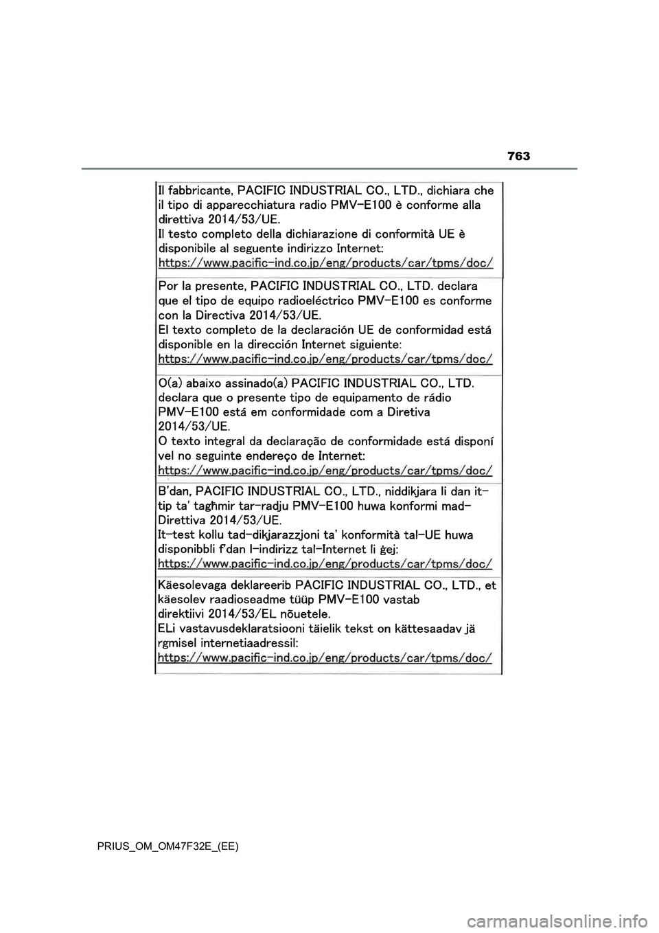 TOYOTA PRIUS 2023  Owners Manual 763
PRIUS_OM_OM47F32E_(EE) 