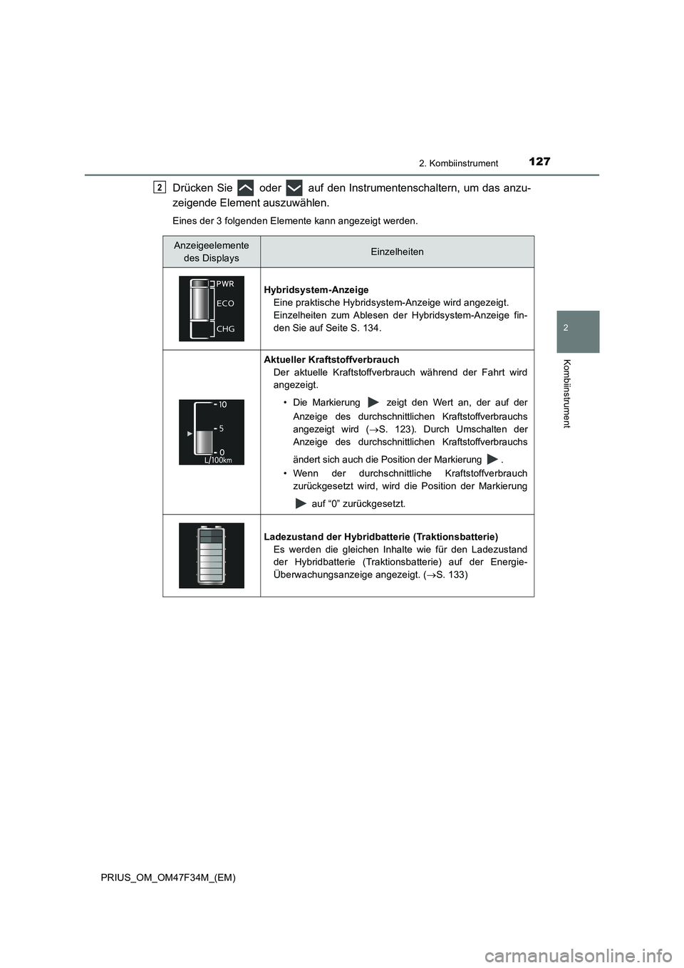 TOYOTA PRIUS 2023 Betriebsanleitungen (in German) 1272. Kombiinstrument
2
Kombiinstrument
PRIUS_OM_OM47F34M_(EM)
Drücken Sie oder auf den Instrumentenschaltern, um das anzu-
zeigende Element auszuwählen.
Eines der 3 folgenden Elemente kann ange TOYOTA PRIUS 2023 Betriebsanleitungen (in German) 1272. Kombiinstrument
2
Kombiinstrument
PRIUS_OM_OM47F34M_(EM)
Drücken Sie oder auf den Instrumentenschaltern, um das anzu-
zeigende Element auszuwählen.
Eines der 3 folgenden Elemente kann ange