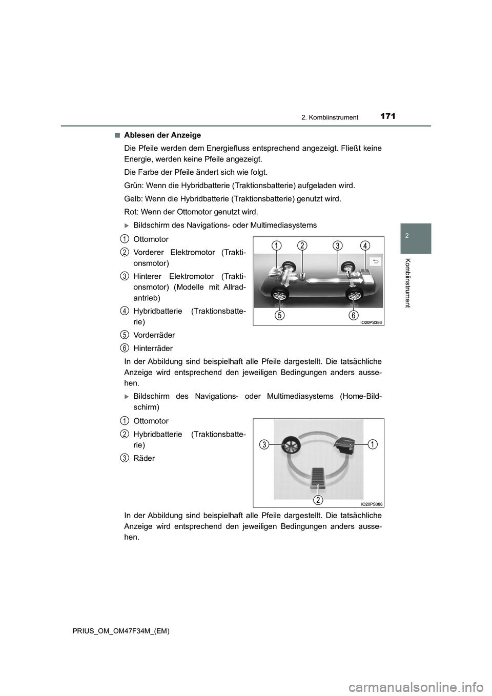 TOYOTA PRIUS 2023  Betriebsanleitungen (in German) 1712. Kombiinstrument
2
Kombiinstrument
PRIUS_OM_OM47F34M_(EM)■
Ablesen der Anzeige
Die Pfeile werden dem Energiefluss entsprechend angezeigt. Fließt keine
Energie, werden keine Pfeile angezeigt.
D