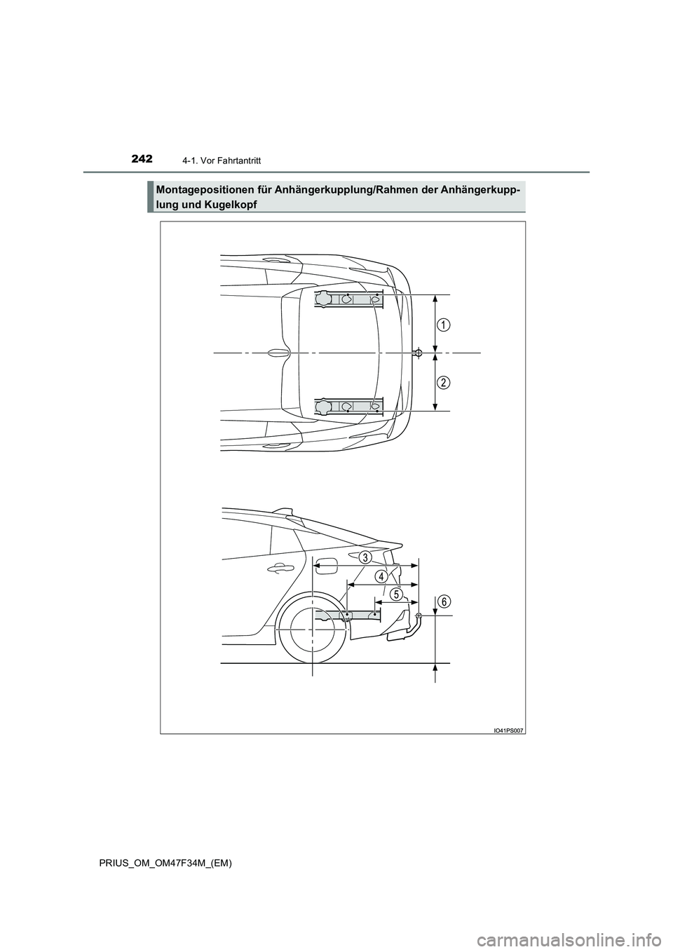 TOYOTA PRIUS 2023  Betriebsanleitungen (in German) 2424-1. Vor Fahrtantritt
PRIUS_OM_OM47F34M_(EM)
Montagepositionen für Anhängerkupplung/Rahmen der Anhängerkupp-
lung und Kugelkopf 