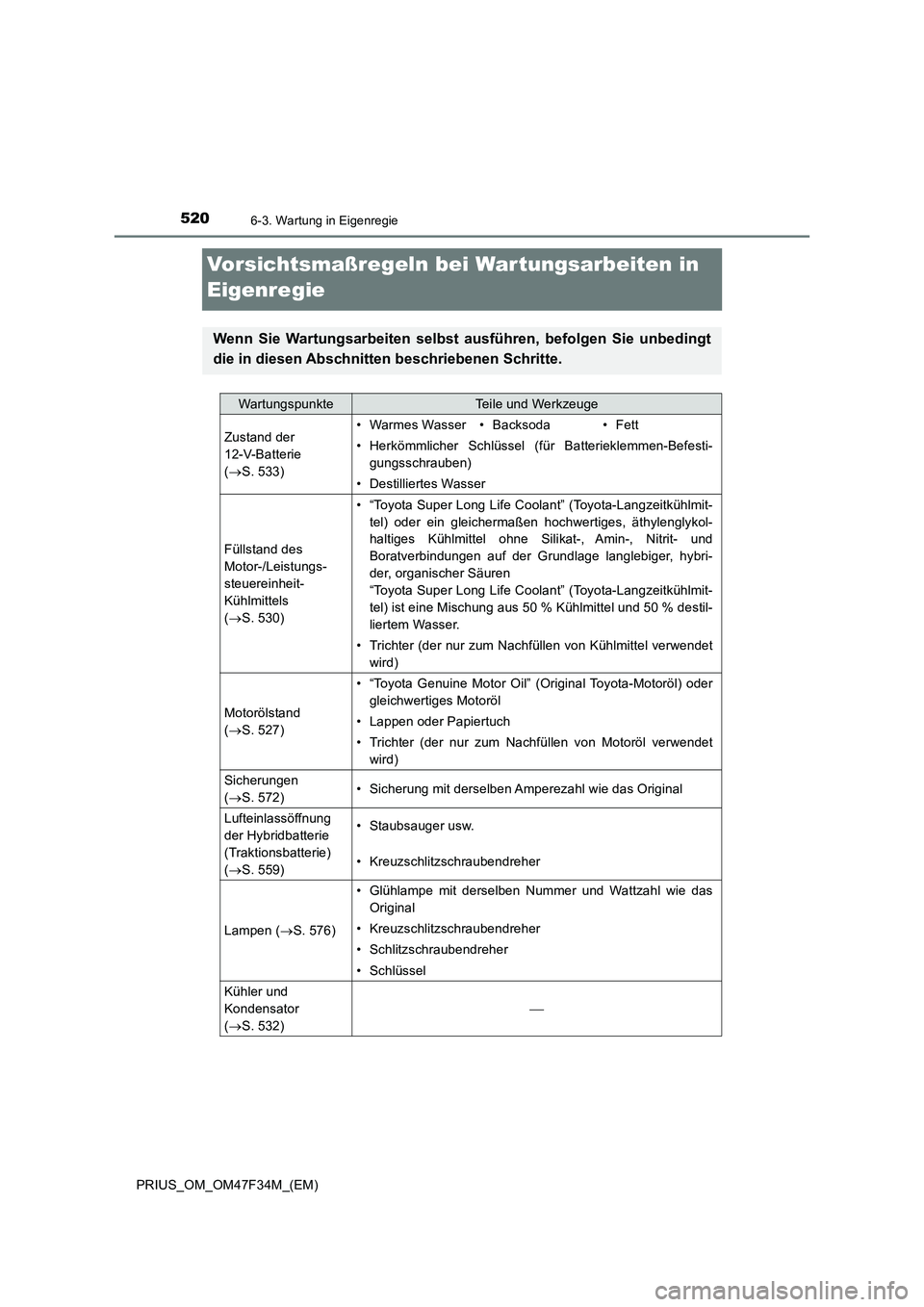 TOYOTA PRIUS 2023 Betriebsanleitungen (in German) 5206-3. Wartung in Eigenregie
PRIUS_OM_OM47F34M_(EM)
Vorsichtsmaßregeln bei Wartungsarbeiten in
Eigenregie
Wenn Sie Wartungsarbeiten selbst ausführen, befolgen Sie unbedingt
die in diesen Abschnitt TOYOTA PRIUS 2023 Betriebsanleitungen (in German) 5206-3. Wartung in Eigenregie
PRIUS_OM_OM47F34M_(EM)
Vorsichtsmaßregeln bei Wartungsarbeiten in
Eigenregie
Wenn Sie Wartungsarbeiten selbst ausführen, befolgen Sie unbedingt
die in diesen Abschnitt