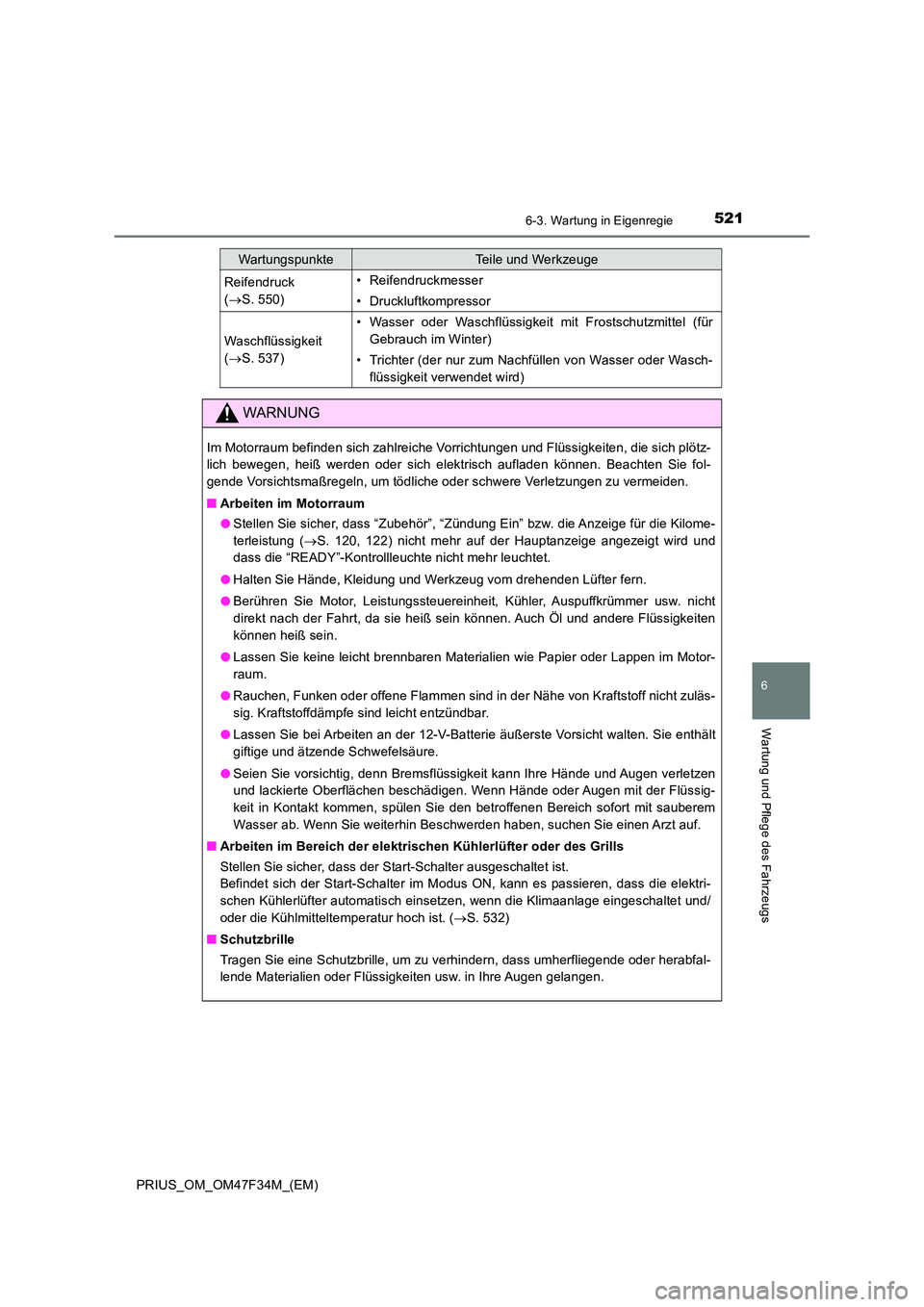 TOYOTA PRIUS 2023 Betriebsanleitungen (in German) 5216-3. Wartung in Eigenregie
PRIUS_OM_OM47F34M_(EM)
6
Wartung und Pflege des Fahrzeugs
Reifendruck
( S. 550)
• Reifendruckmesser
• Druckluftkompressor
Waschflüssigkeit
( S. 537)
• Wa TOYOTA PRIUS 2023 Betriebsanleitungen (in German) 5216-3. Wartung in Eigenregie
PRIUS_OM_OM47F34M_(EM)
6
Wartung und Pflege des Fahrzeugs
Reifendruck
( S. 550)
• Reifendruckmesser
• Druckluftkompressor
Waschflüssigkeit
( S. 537)
• Wa