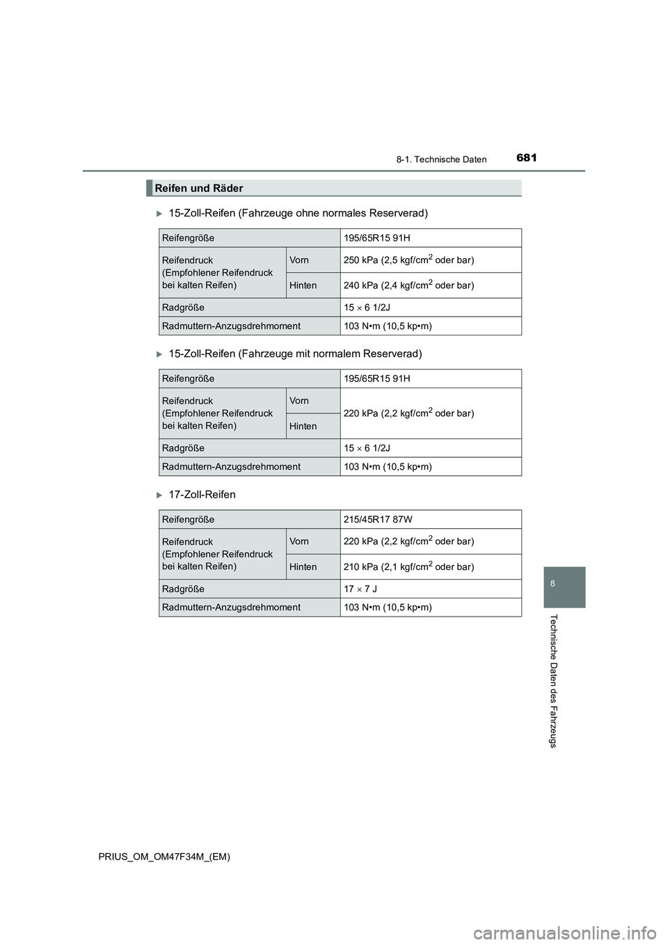TOYOTA PRIUS 2023  Betriebsanleitungen (in German) 6818-1. Technische Daten
PRIUS_OM_OM47F34M_(EM)
8
Technische Daten des Fahrzeugs
15-Zoll-Reifen (Fahrzeuge ohne normales Reserverad)
15-Zoll-Reifen (Fahrzeuge mit normalem Reserverad)
17-Zoll