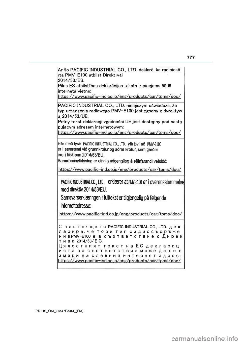 TOYOTA PRIUS 2023  Betriebsanleitungen (in German) 777
PRIUS_OM_OM47F34M_(EM) 