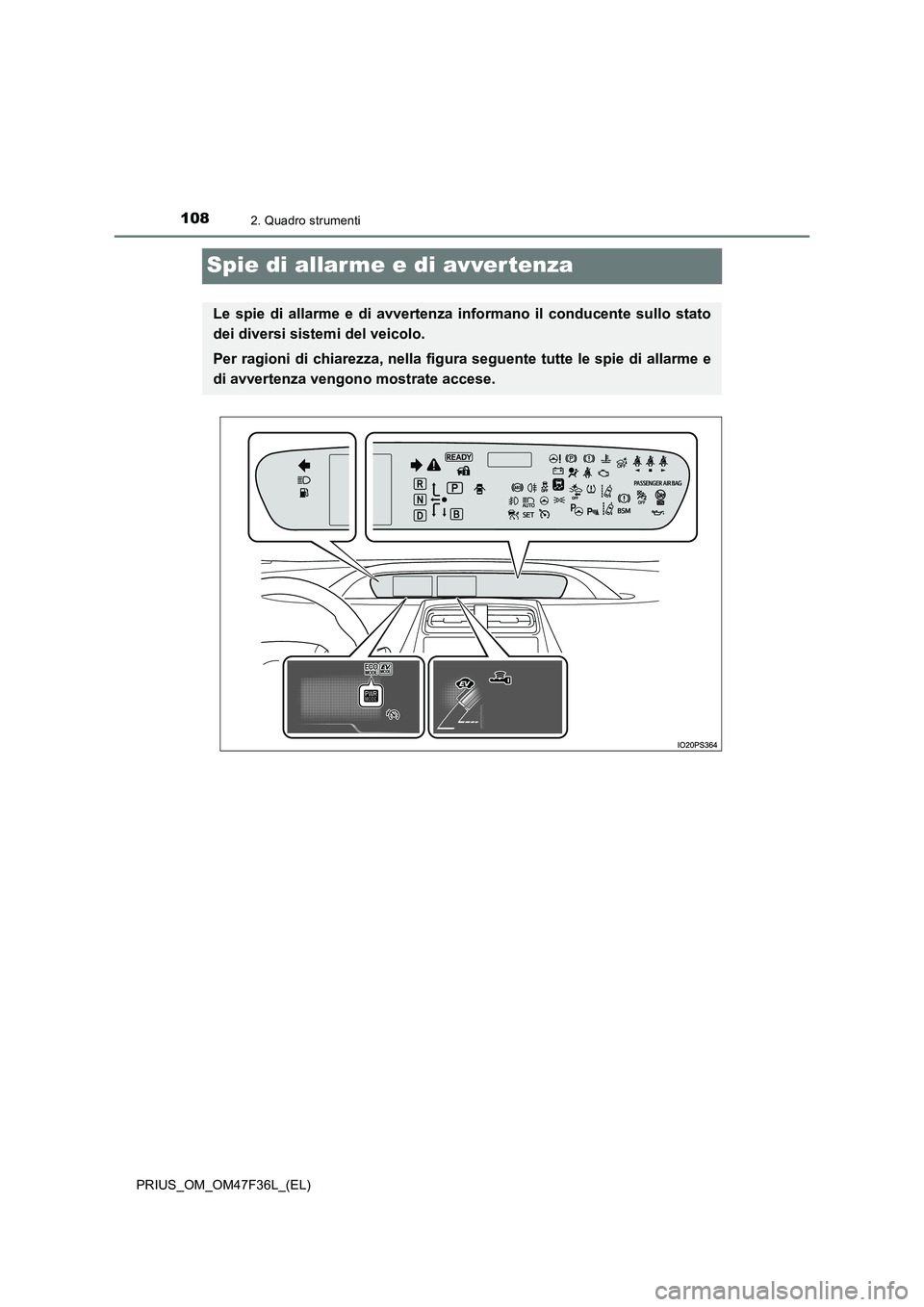 TOYOTA PRIUS 2023  Manuale duso (in Italian) 1082. Quadro strumenti
PRIUS_OM_OM47F36L_(EL)
Spie di allarme e di avvertenza
Le spie di allarme e di avvertenza informano il conducente sullo stato
dei diversi sistemi del veicolo.
Per ragioni di chi