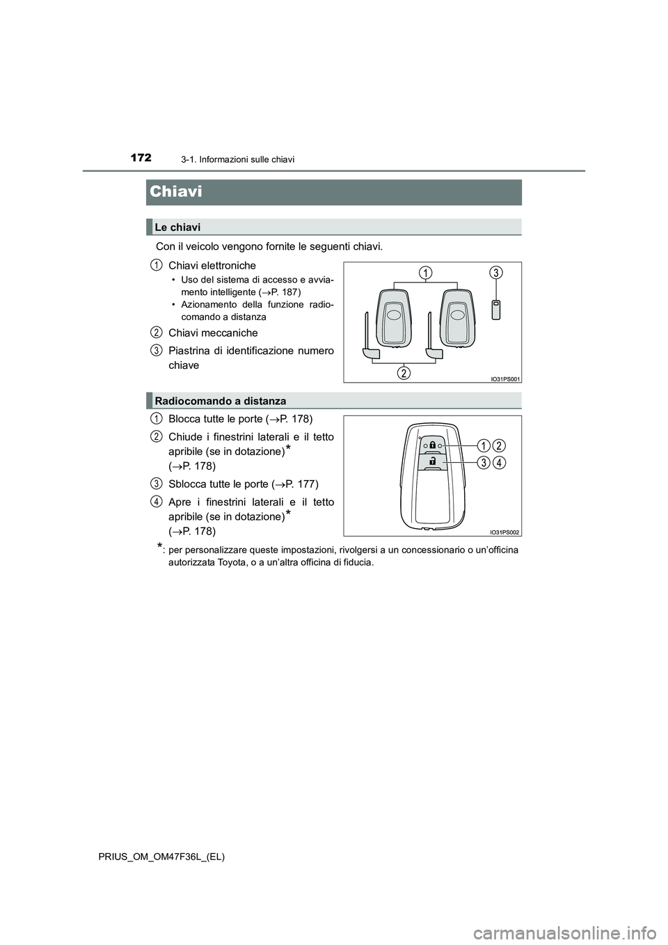 TOYOTA PRIUS 2023  Manuale duso (in Italian) 1723-1. Informazioni sulle chiavi
PRIUS_OM_OM47F36L_(EL)
Chiavi
Con il veicolo vengono fornite le seguenti chiavi.
Chiavi elettroniche
• Uso del sistema di accesso e avvia-
mento intelligente (P.