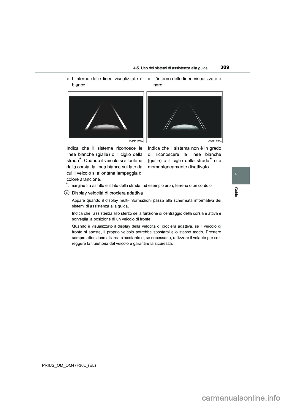 TOYOTA PRIUS 2023 Manuale duso (in Italian) 3094-5. Uso dei sistemi di assistenza alla guida
4
Guida
PRIUS_OM_OM47F36L_(EL)
*: margine tra asfalto e il lato della strada, ad esempio erba, terreno o un cordolo
Display velocità di crociera adatt TOYOTA PRIUS 2023 Manuale duso (in Italian) 3094-5. Uso dei sistemi di assistenza alla guida
4
Guida
PRIUS_OM_OM47F36L_(EL)
*: margine tra asfalto e il lato della strada, ad esempio erba, terreno o un cordolo
Display velocità di crociera adatt