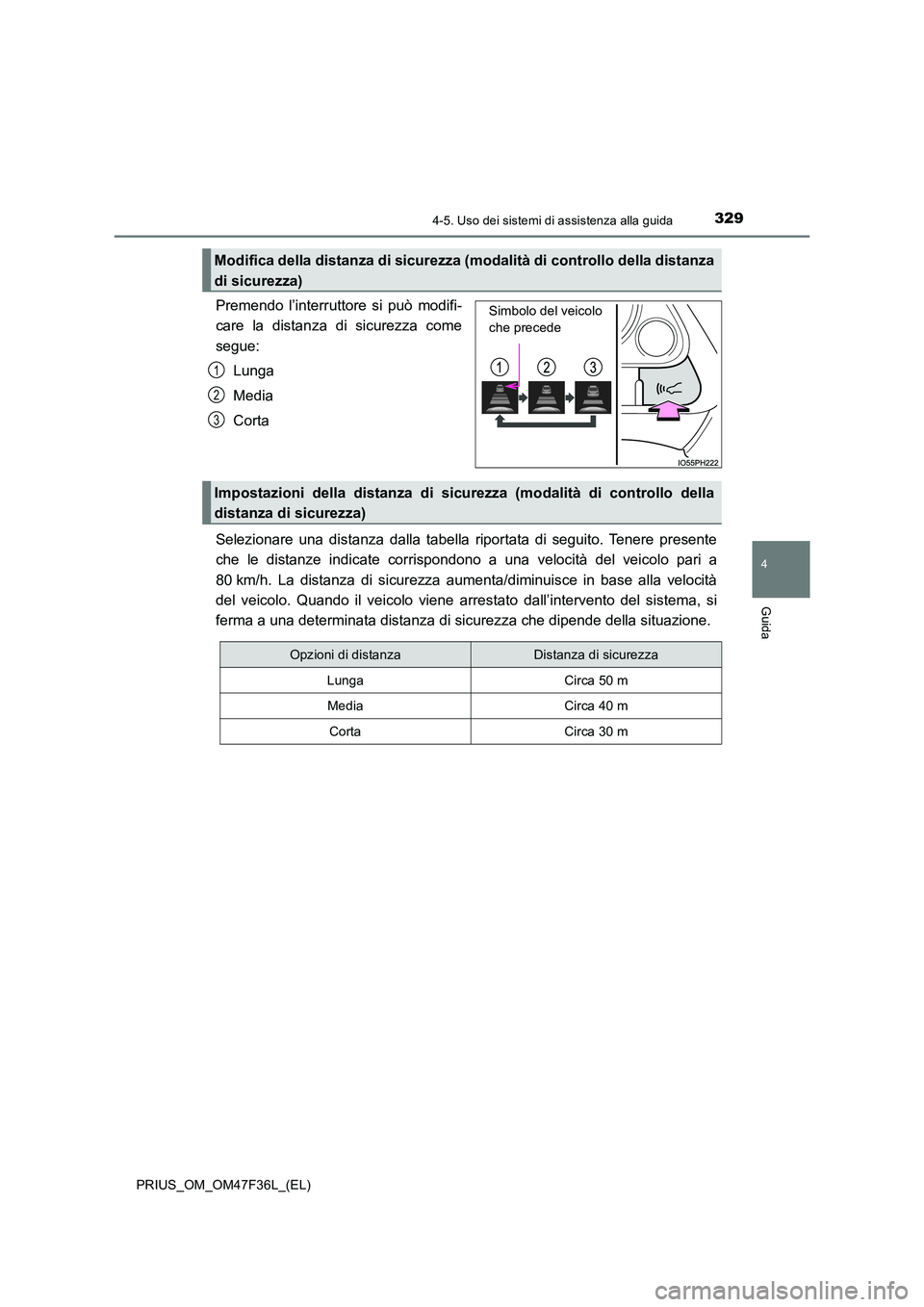 TOYOTA PRIUS 2023  Manuale duso (in Italian) 3294-5. Uso dei sistemi di assistenza alla guida
4
Guida
PRIUS_OM_OM47F36L_(EL)
Premendo l’interruttore si può modifi- 
care la distanza di sicurezza come 
segue: 
Lunga
Media 
Corta 
Selezionare u