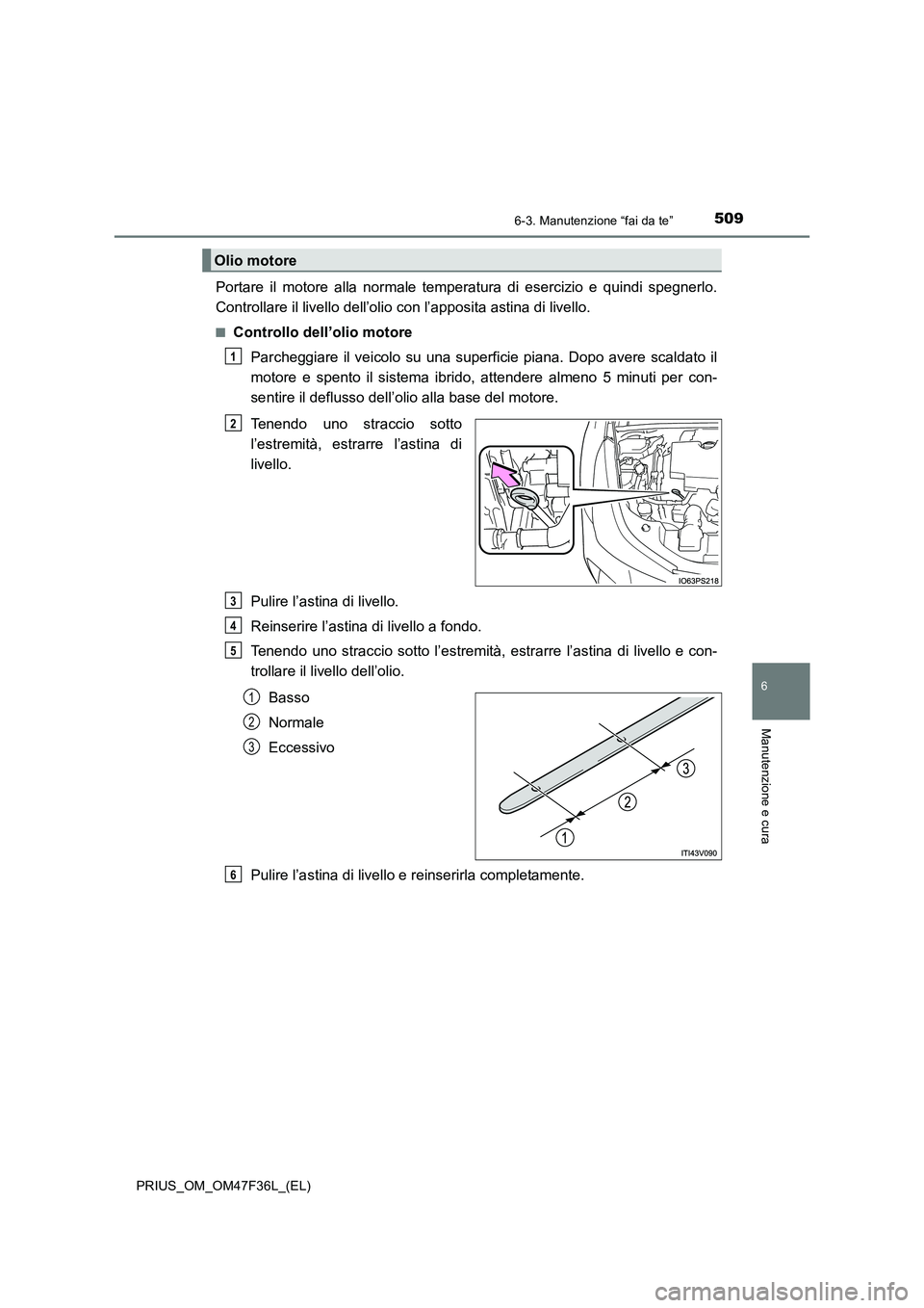 TOYOTA PRIUS 2023  Manuale duso (in Italian) 5096-3. Manutenzione “fai da te”
PRIUS_OM_OM47F36L_(EL)
6
Manutenzione e cura
Portare il motore alla normale temperatura di esercizio e quindi spegnerlo.
Controllare il livello dell’olio con l
