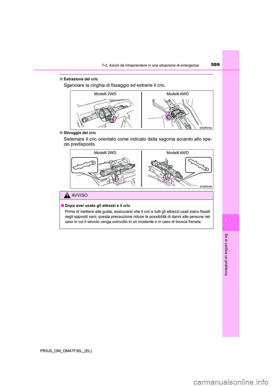 TOYOTA PRIUS 2023  Manuale duso (in Italian) 5997-2. Azioni da intraprendere in una situazione di emergenza
PRIUS_OM_OM47F36L_(EL)
7
Se si verifica un problema
■Estrazione del cric
Sganciare la cinghia di fissaggio ed estrarre il cric.
■Stiv