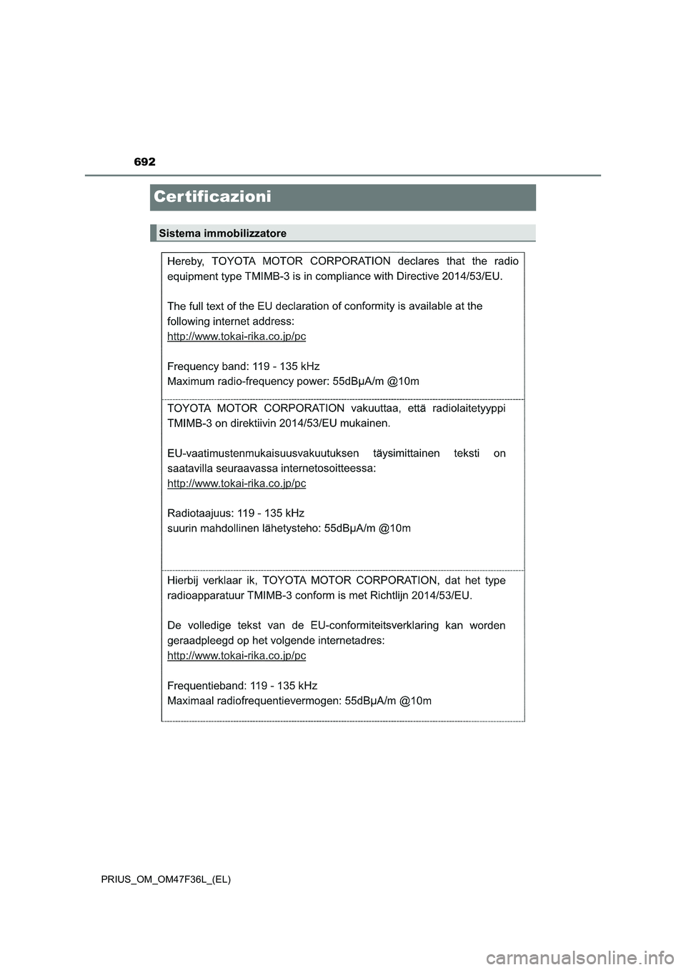 TOYOTA PRIUS 2023  Manuale duso (in Italian) 692
PRIUS_OM_OM47F36L_(EL)
Cer tificazioni
Sistema immobilizzatore 