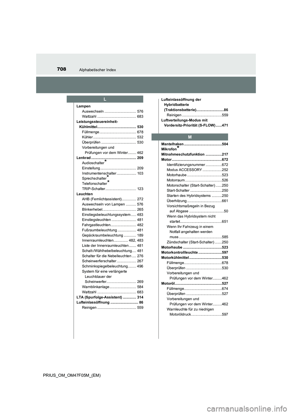 TOYOTA PRIUS 2022 Betriebsanleitungen (in German) 708Alphabetischer Index
PRIUS_OM_OM47F05M_(EM)
Lampen
Auswechseln ............................... 576
Wattzahl ...................................... 683
Leistungssteuereinheit-
Kühlmittel........... TOYOTA PRIUS 2022 Betriebsanleitungen (in German) 708Alphabetischer Index
PRIUS_OM_OM47F05M_(EM)
Lampen
Auswechseln ............................... 576
Wattzahl ...................................... 683
Leistungssteuereinheit-
Kühlmittel...........