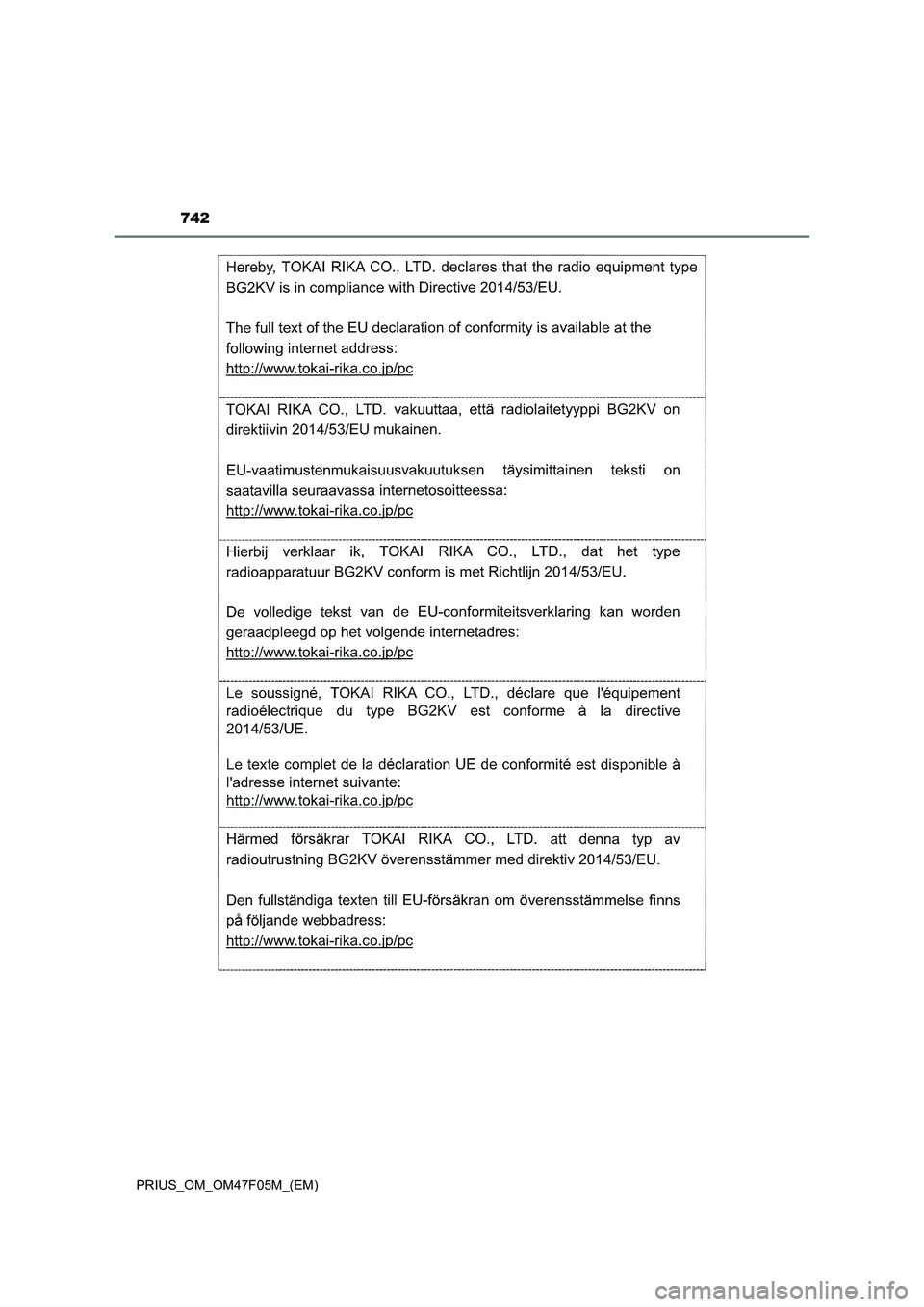 TOYOTA PRIUS 2022  Betriebsanleitungen (in German) 742
PRIUS_OM_OM47F05M_(EM) 