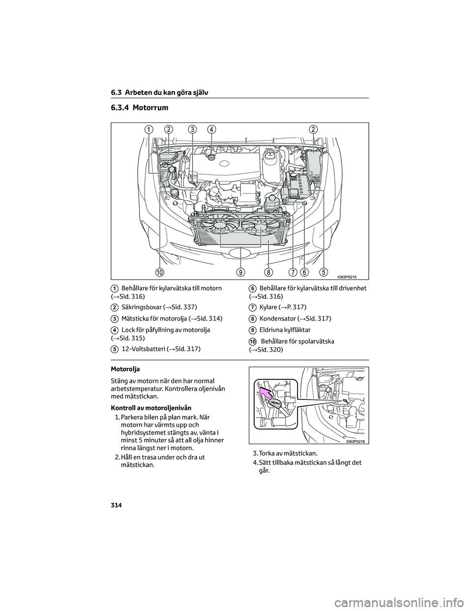 TOYOTA PRIUS 2022  Bruksanvisningar (in Swedish) 6.3.4 Motorrum
1Behållare för kylarvätska till motorn
(→Sid. 316)
2Säkringsboxar (→Sid. 337)
3Mätsticka för motorolja (→Sid. 314)
4Lock för påfyllning av motorolja
(→Sid. 315)
512-Volt