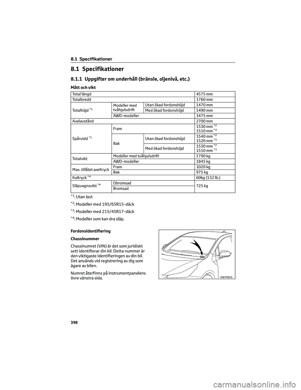 TOYOTA PRIUS 2022  Bruksanvisningar (in Swedish) 8.1 Specifikationer
8.1.1 Uppgifter om underhåll (bränsle, oljenivå, etc.)
Mått och vikt
Total längd 4575 mm
Totalbredd 1760 mm
Totalhöjd
*1Modeller med
tvåhjulsdriftUtan ökad fordonshöjd 147