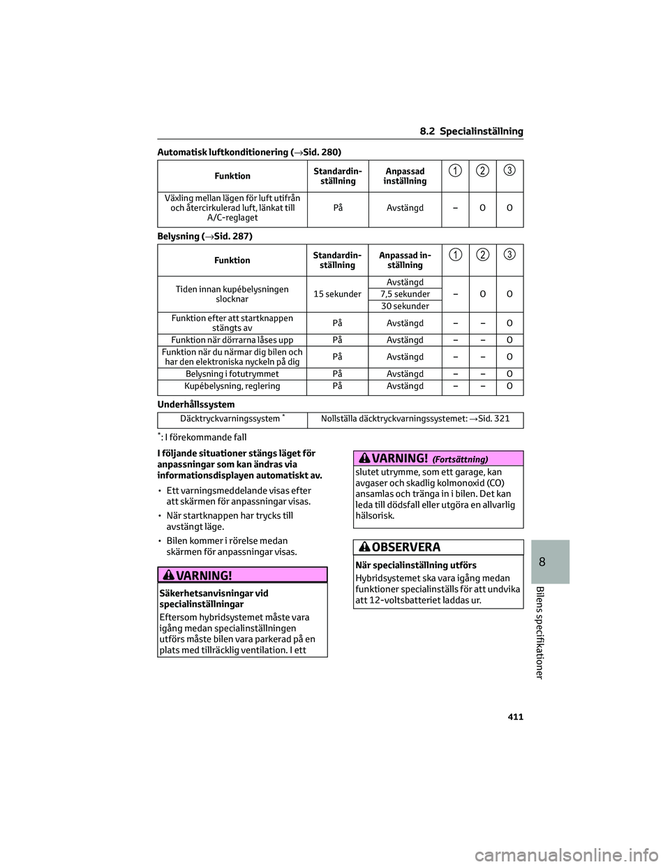 TOYOTA PRIUS 2022 Bruksanvisningar (in Swedish) Automatisk luftkonditionering (→Sid. 280)
FunktionStandardin-
ställningAnpassad
inställning123
Växling mellan lägen för luft utifrån
och återcirkulerad luft, länkat till
A/C-reglagetPå Avst TOYOTA PRIUS 2022 Bruksanvisningar (in Swedish) Automatisk luftkonditionering (→Sid. 280)
FunktionStandardin-
ställningAnpassad
inställning123
Växling mellan lägen för luft utifrån
och återcirkulerad luft, länkat till
A/C-reglagetPå Avst