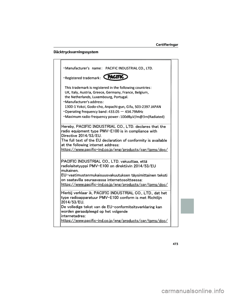 TOYOTA PRIUS 2022  Bruksanvisningar (in Swedish) Däcktryckvarningssystem
Certifieringar
473 