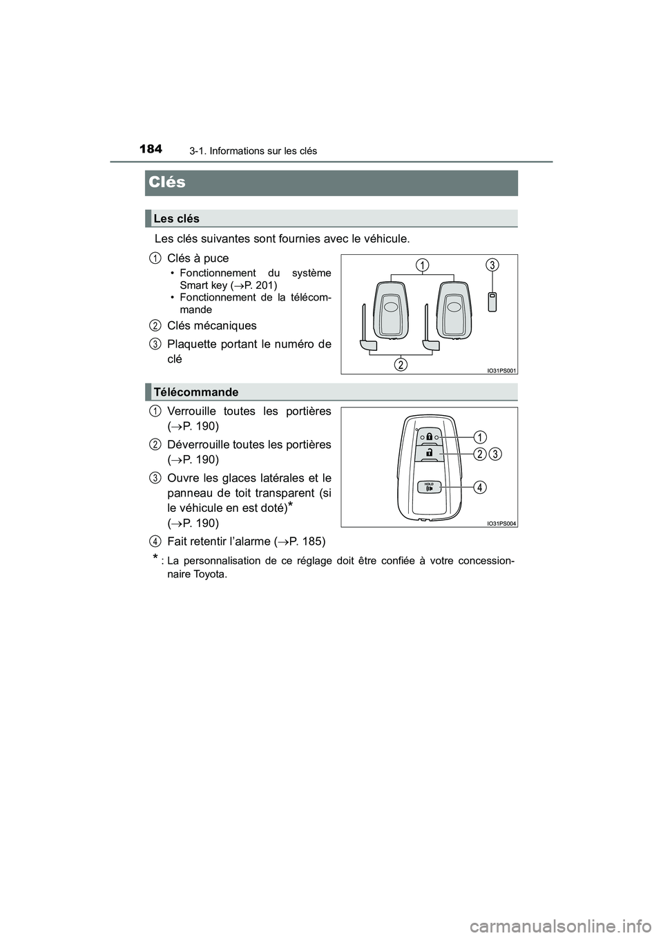 TOYOTA PRIUS 2019  Manuel du propriétaire (in French) 184
PRIUS_OM_OM47C35D_(D)
3-1. Informations sur les clés
Clés
Les clés suivantes sont fournies avec le véhicule.Clés à puce
• Fonctionnement du systèmeSmart key ( P. 201)
• Fonctionnemen
